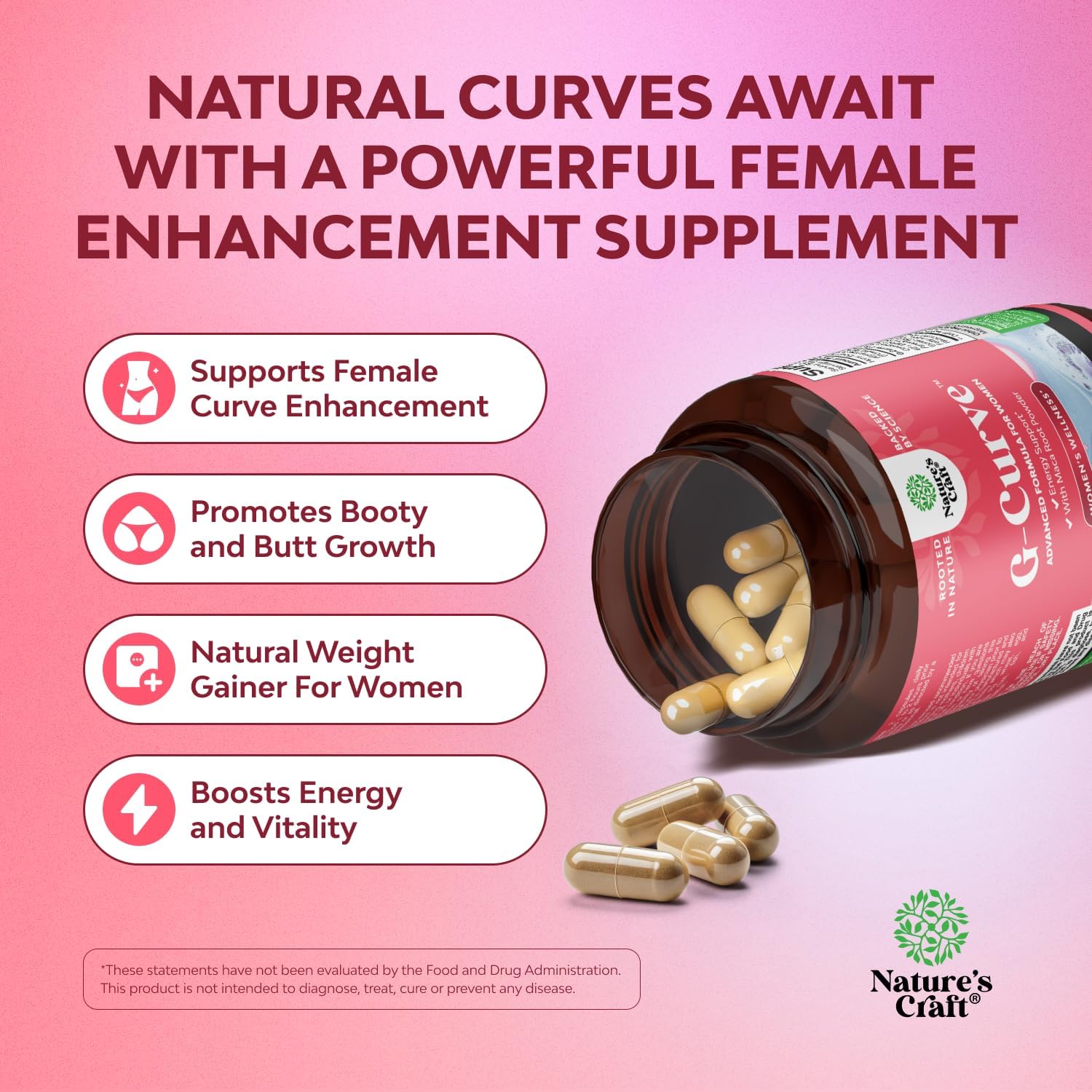 Natures Craft G-Curve Butt and Breast Enhancement Pills - Herbal Enhancer May Support Body Sculpting Curves with Saw Palmetto Extract Horny Goat Weed for Women *Results Vary 60 Count - DragonVitality