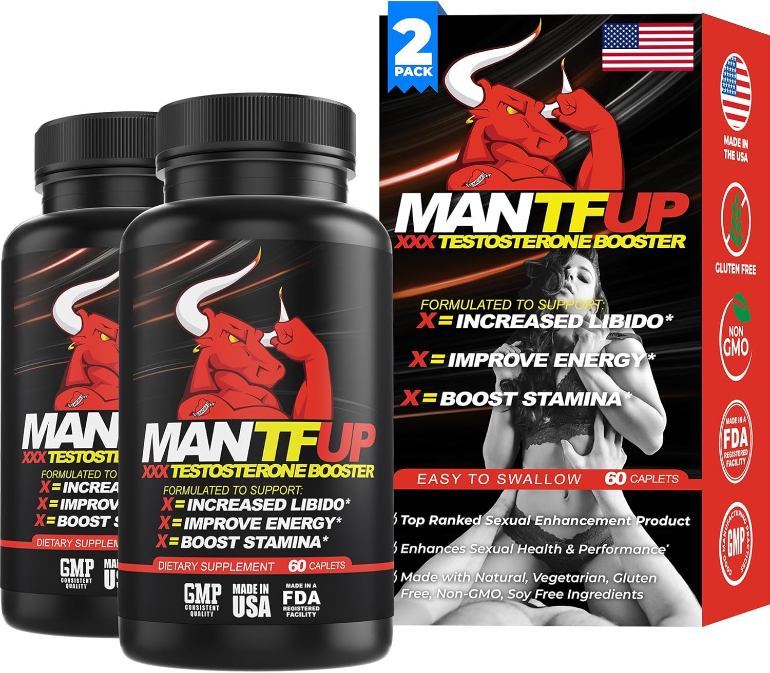 MANTFUP Vitality Enhancer for Men | Fast-Acting Testosterone Booster & Daily Supplement to Support Male Health & Libido | Potenciadores de Testosterona | Made in USA (1 Month Supply, 60 Caplets) - DragonVitality