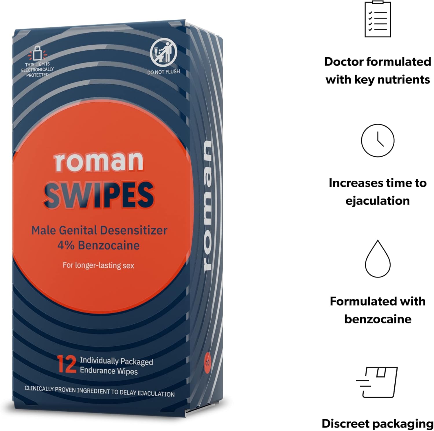 ROMAN Swipes | Fast-Acting, Convenient, Over-The-Counter Wipes Increase Stamina, Formulated with 4% Benzocaine, Features Discreet Packaging | 12-Pack - DragonVitality