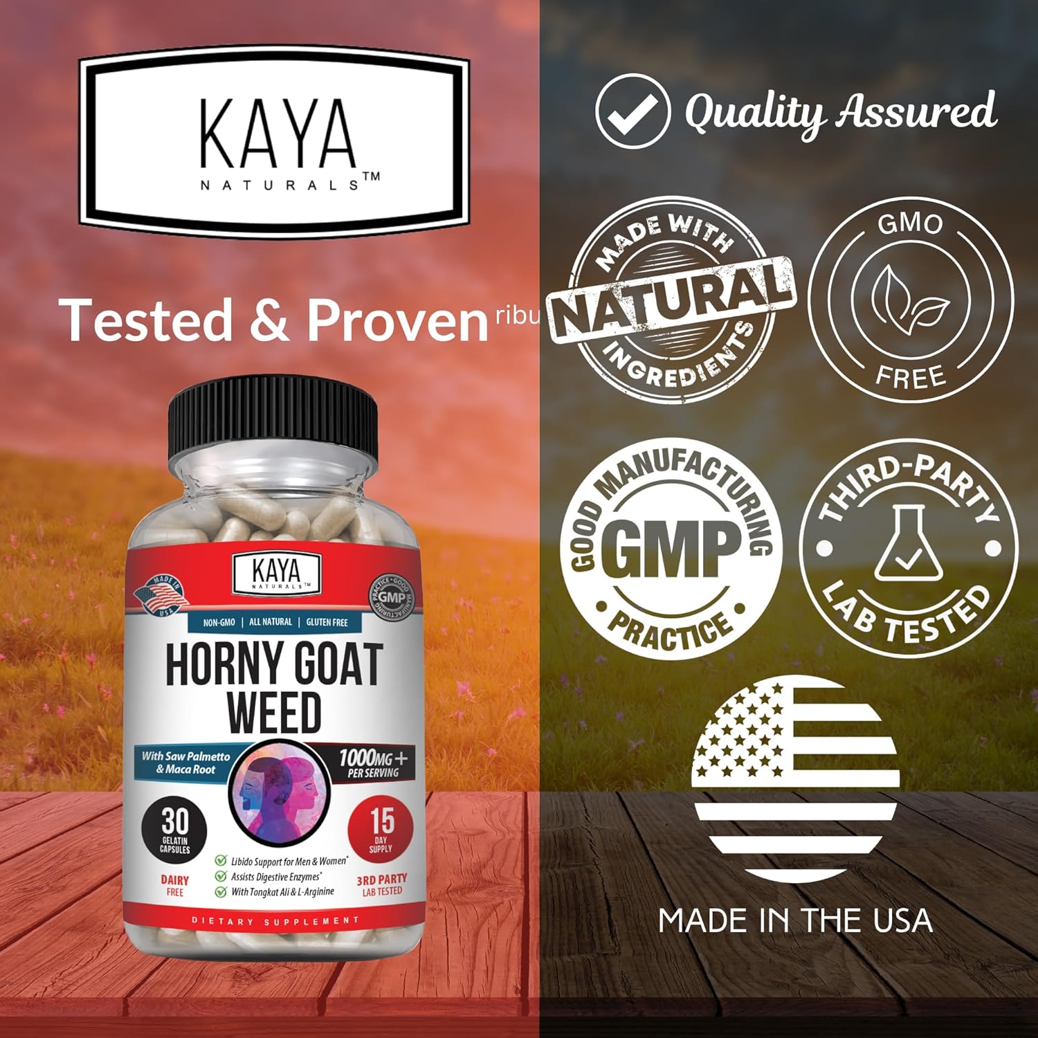 Kaya Naturals Horny Goat Weed Extract with Maca - Complex with Saw Palmetto Ginseng, Arginine Vitamin Supplement - Horny Goat Weed - 60 Count - DragonVitality