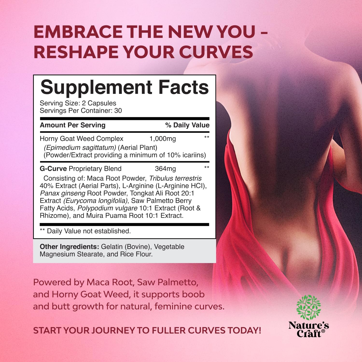 Natures Craft G-Curve Butt and Breast Enhancement Pills - Herbal Enhancer May Support Body Sculpting Curves with Saw Palmetto Extract Horny Goat Weed for Women *Results Vary 60 Count - DragonVitality