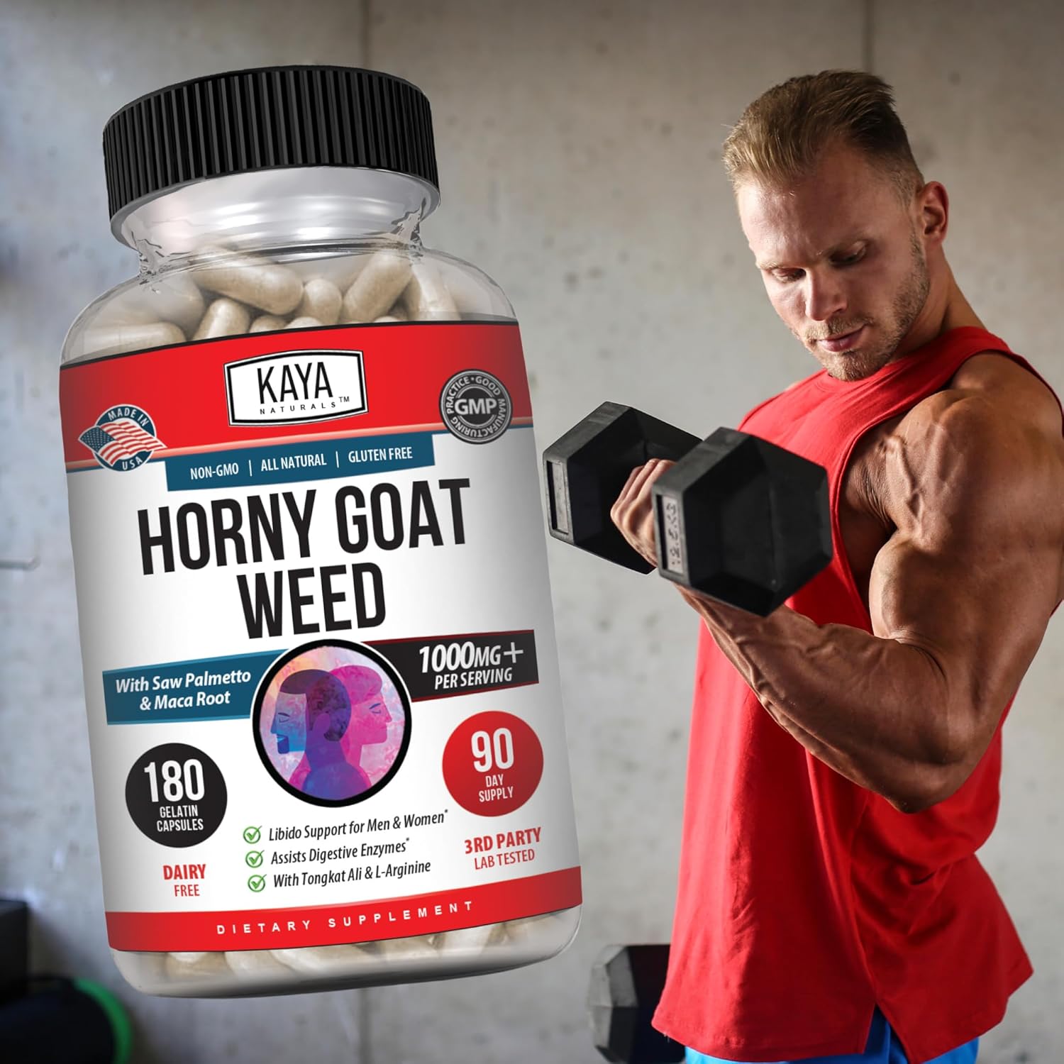 Kaya Naturals Horny Goat Weed Extract with Maca - Complex with Saw Palmetto Ginseng, Arginine Vitamin Supplement - Horny Goat Weed - 60 Count - DragonVitality