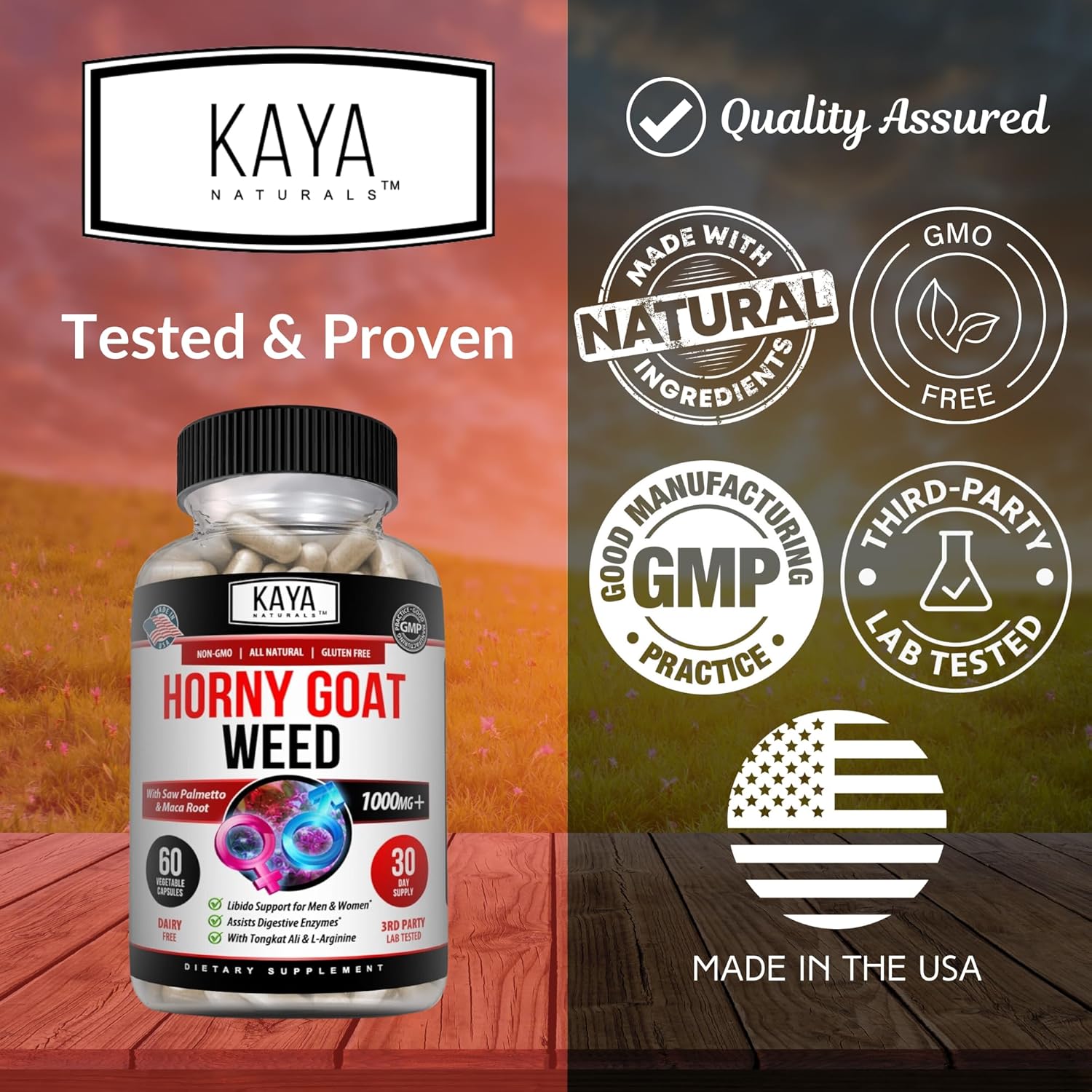 Kaya Naturals Horny Goat Weed Extract with Maca - Complex with Saw Palmetto Ginseng, Arginine Vitamin Supplement - Horny Goat Weed - 60 Count - DragonVitality