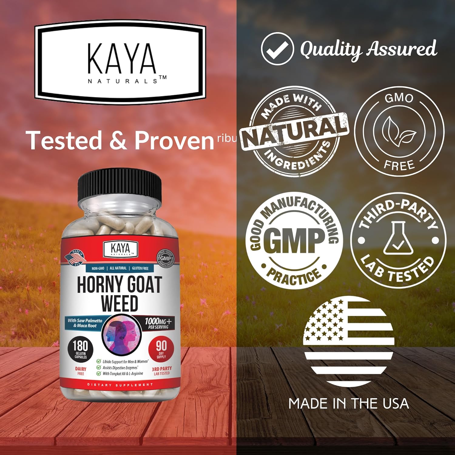 Kaya Naturals Horny Goat Weed Extract with Maca - Complex with Saw Palmetto Ginseng, Arginine Vitamin Supplement - Horny Goat Weed - 60 Count - DragonVitality