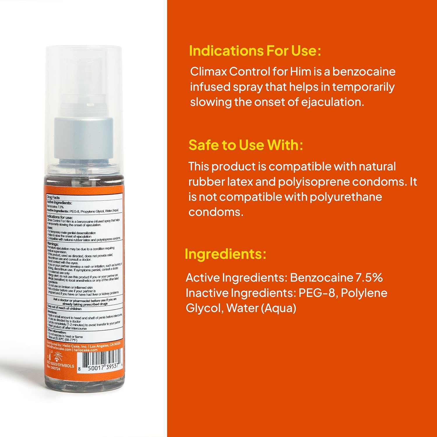 Hello Cake Climax Control Delay Spray, Fast-Absorbing Male Genital Desensitizer with Benzocaine - Last Longer, Stamina Enhancing, Non-Numbing Mist for Men and Couples, 2 fl oz - DragonVitality