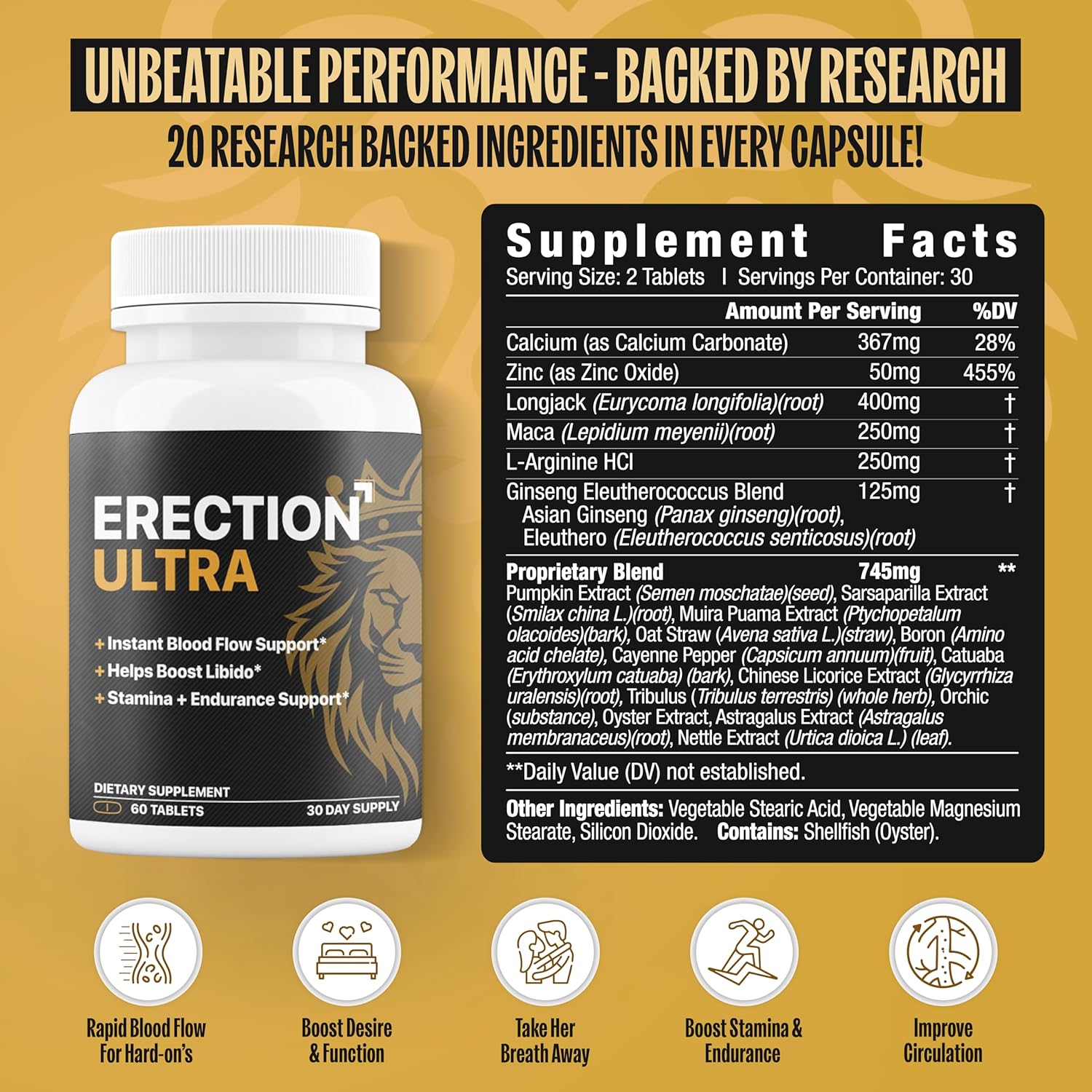 Erect Ultra | Performance Pills for Men Fast Acting Blood Flow & Enhanced Circulation, Stamina, Girth and Hardness | Helps Achieve & Sustain Hard On's | 20 Research Backed Ingredients - 60 Tablets - DragonVitality