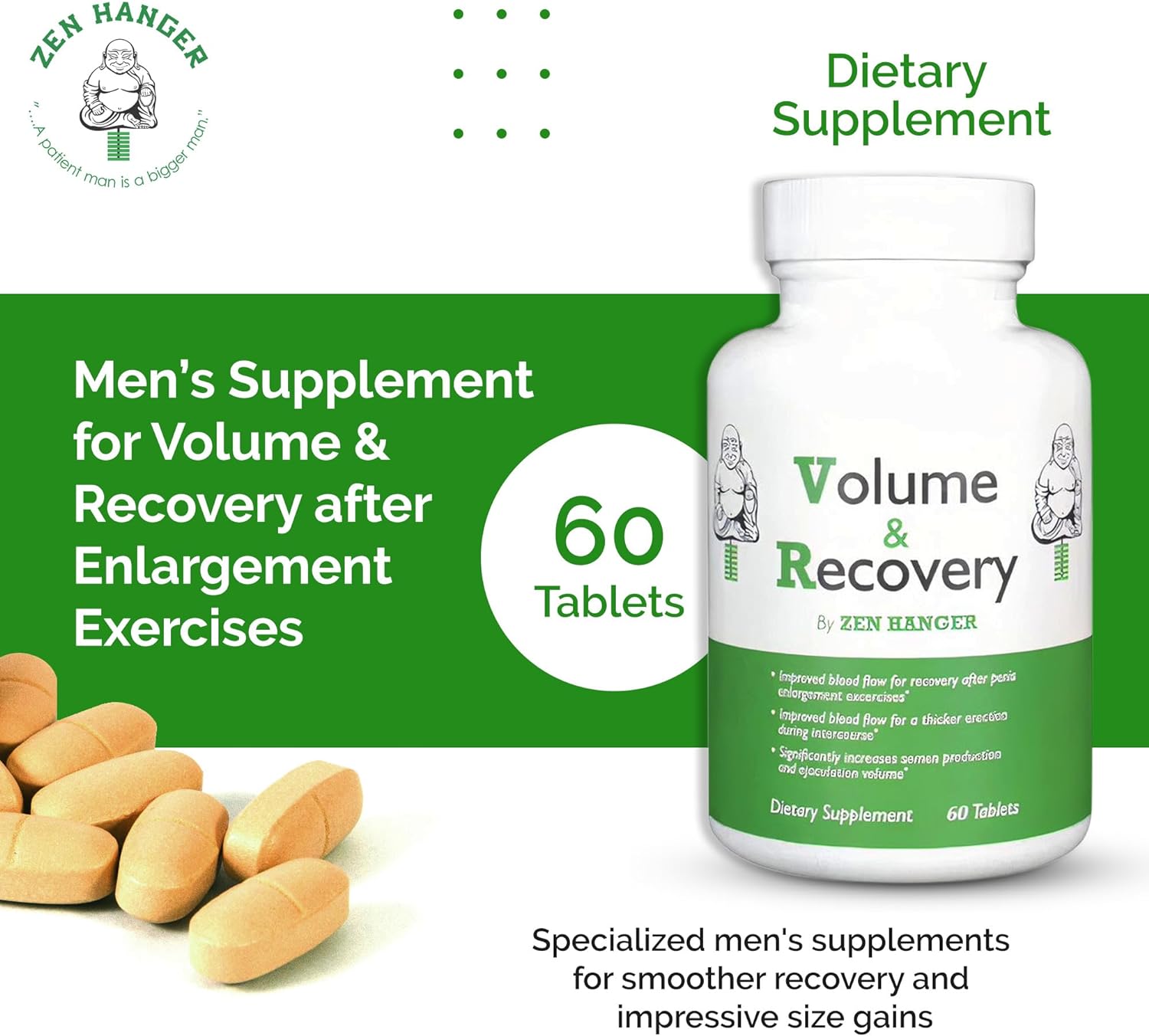 Zen Hanger Male Size Enhancement Pills (60 Count/Bottle, 2 Bottles) - Mens Supplement for Volume & Recovery After Enlargement Exercises - Penis Girth & Enlargement Pills - DragonVitality