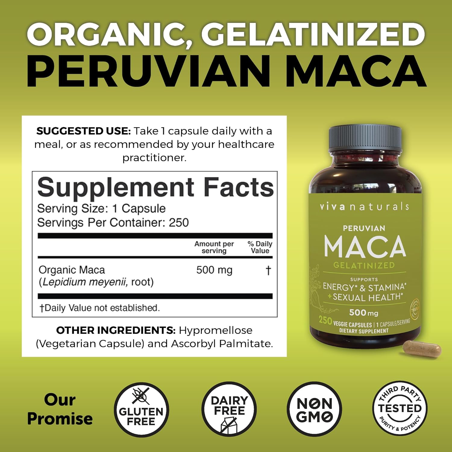Peruvian Maca Root Supplement for Women & Men, 500mg - Traditionally Used to Support Sexual Well-Being, Stamina & Endurance - 250 Yellow Maca Root Powder Capsules - DragonVitality