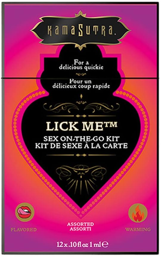 KAMA SUTRA Lick Me Sex-to-Go Kit – 12 Assorted Sachets of Flavored Warming Body Topping paired with Flavored 3-in-1 Body Glide – Great for Travel, for The Best BJ Ever, Adult Couples Gift - DragonVitality