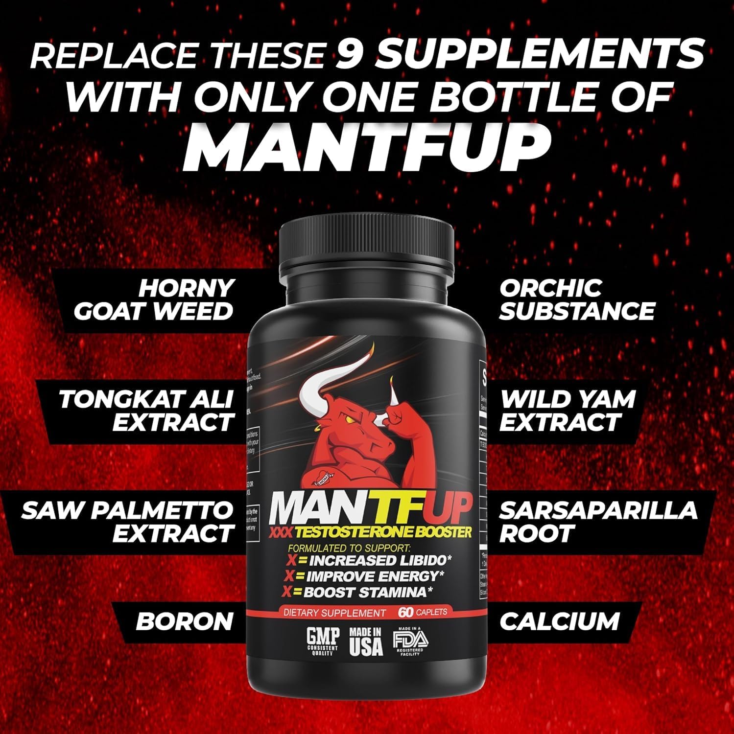 MANTFUP Vitality Enhancer for Men | Fast-Acting Testosterone Booster & Daily Supplement to Support Male Health & Libido | Potenciadores de Testosterona | Made in USA (1 Month Supply, 60 Caplets) - DragonVitality