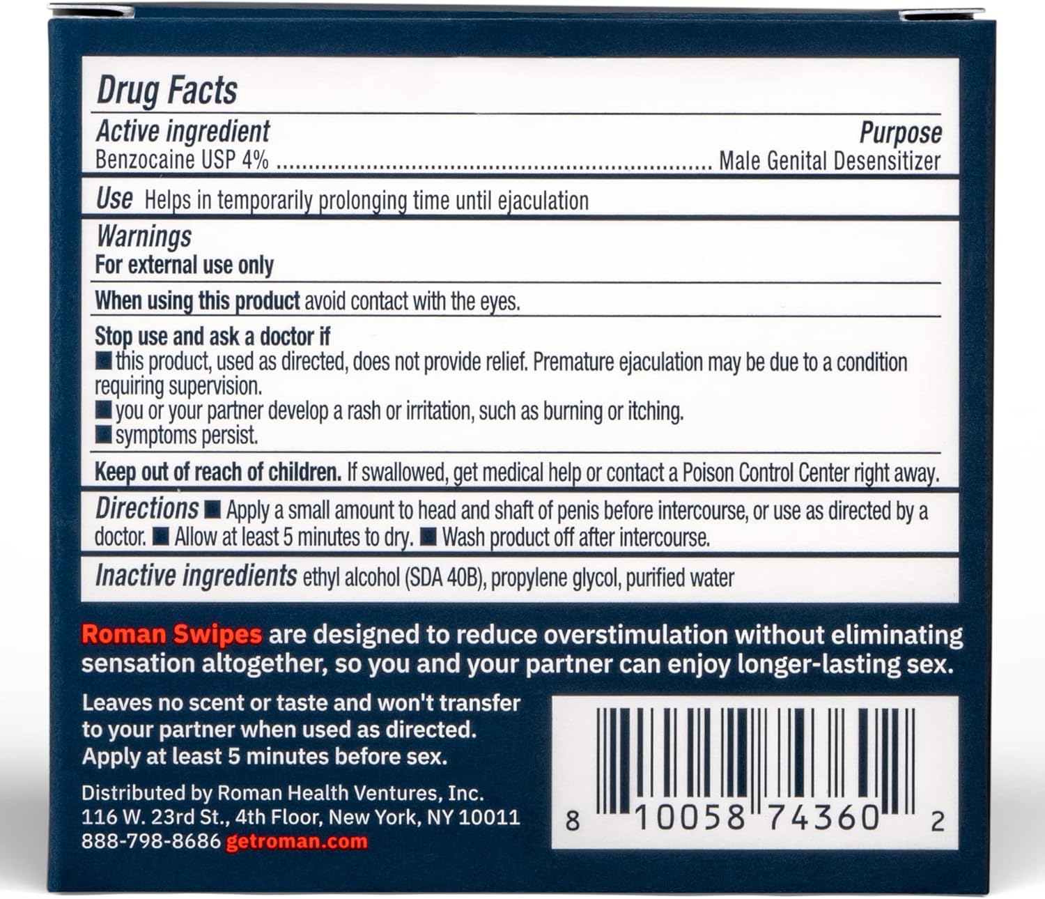 ROMAN Swipes | Fast-Acting, Convenient, Over-The-Counter Wipes Increase Stamina, Formulated with 4% Benzocaine, Features Discreet Packaging | 12-Pack - DragonVitality