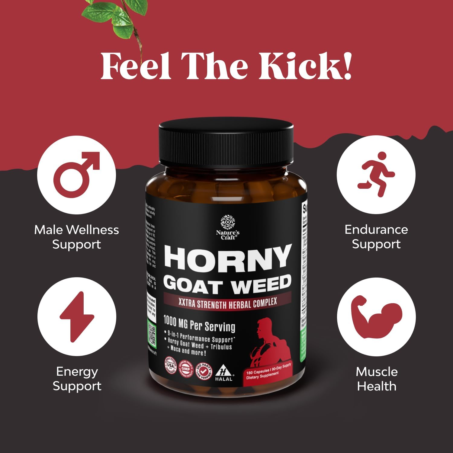 Natures Craft Horny Goat Weed for Men - Extra Strength Male Supplement with Black Maca Root, Tongkat Ali, Saw Palmetto & Panax Ginseng Extract for Stamina & Energy - 90 Capsules - DragonVitality