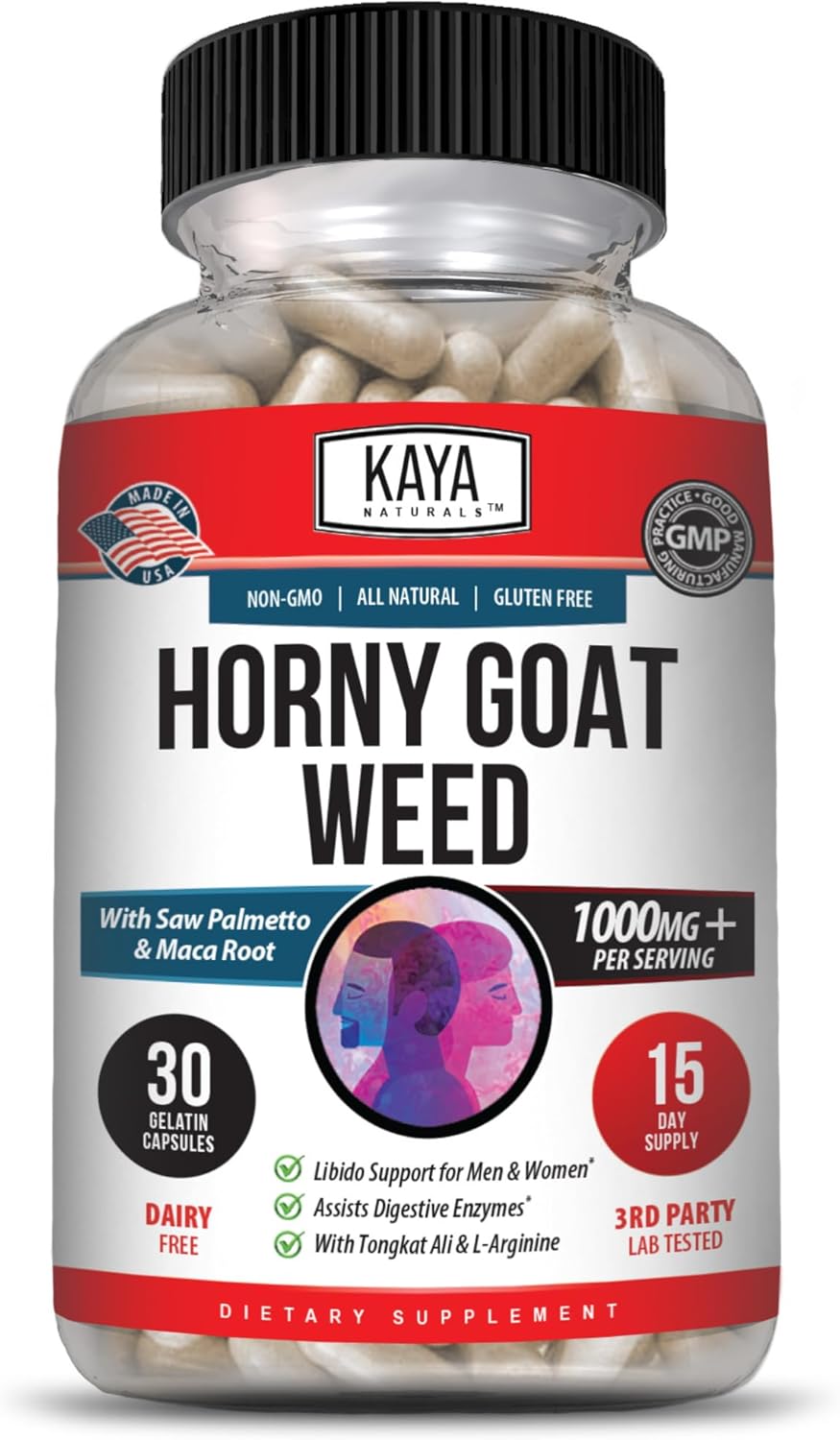 Kaya Naturals Horny Goat Weed Extract with Maca - Complex with Saw Palmetto Ginseng, Arginine Vitamin Supplement - Horny Goat Weed - 60 Count - DragonVitality