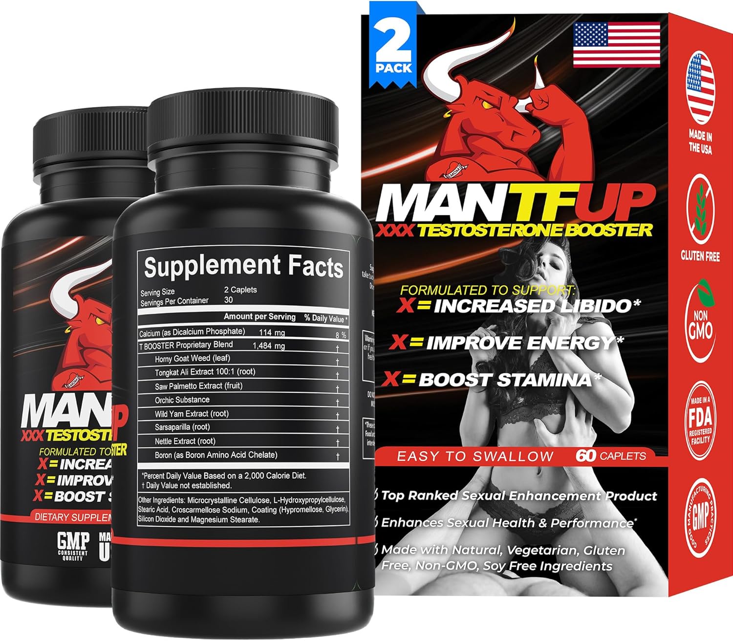 MANTFUP Vitality Enhancer for Men | Fast-Acting Testosterone Booster & Daily Supplement to Support Male Health & Libido | Potenciadores de Testosterona | Made in USA (1 Month Supply, 60 Caplets) - DragonVitality