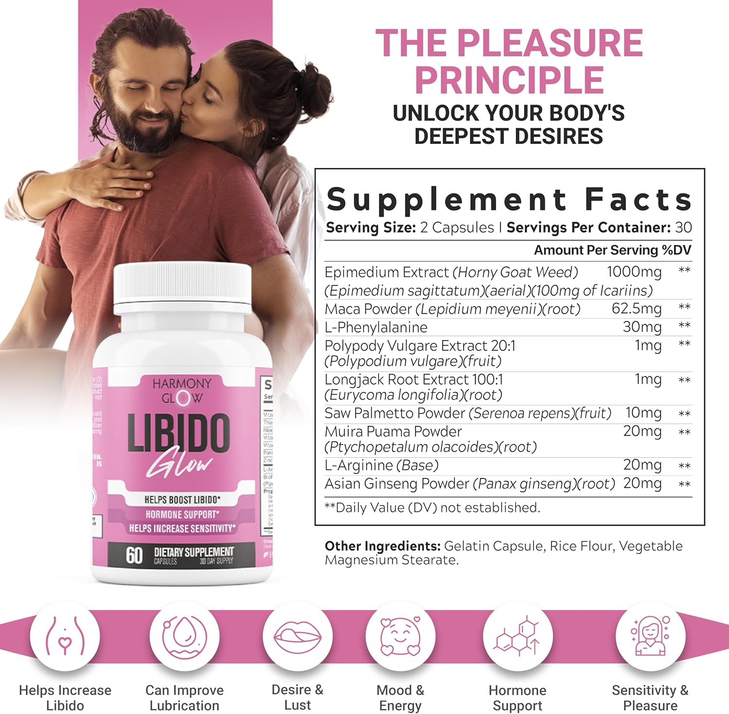 Harmony - Libido GLOW - Max Strength Libido Booster for Women | Heighten Sensitivity, Reduce Dryness, Energy Booster, Boost Desire & Mood | 9 Ultra Ingredients for Fast Results - 60 Capsules - DragonVitality