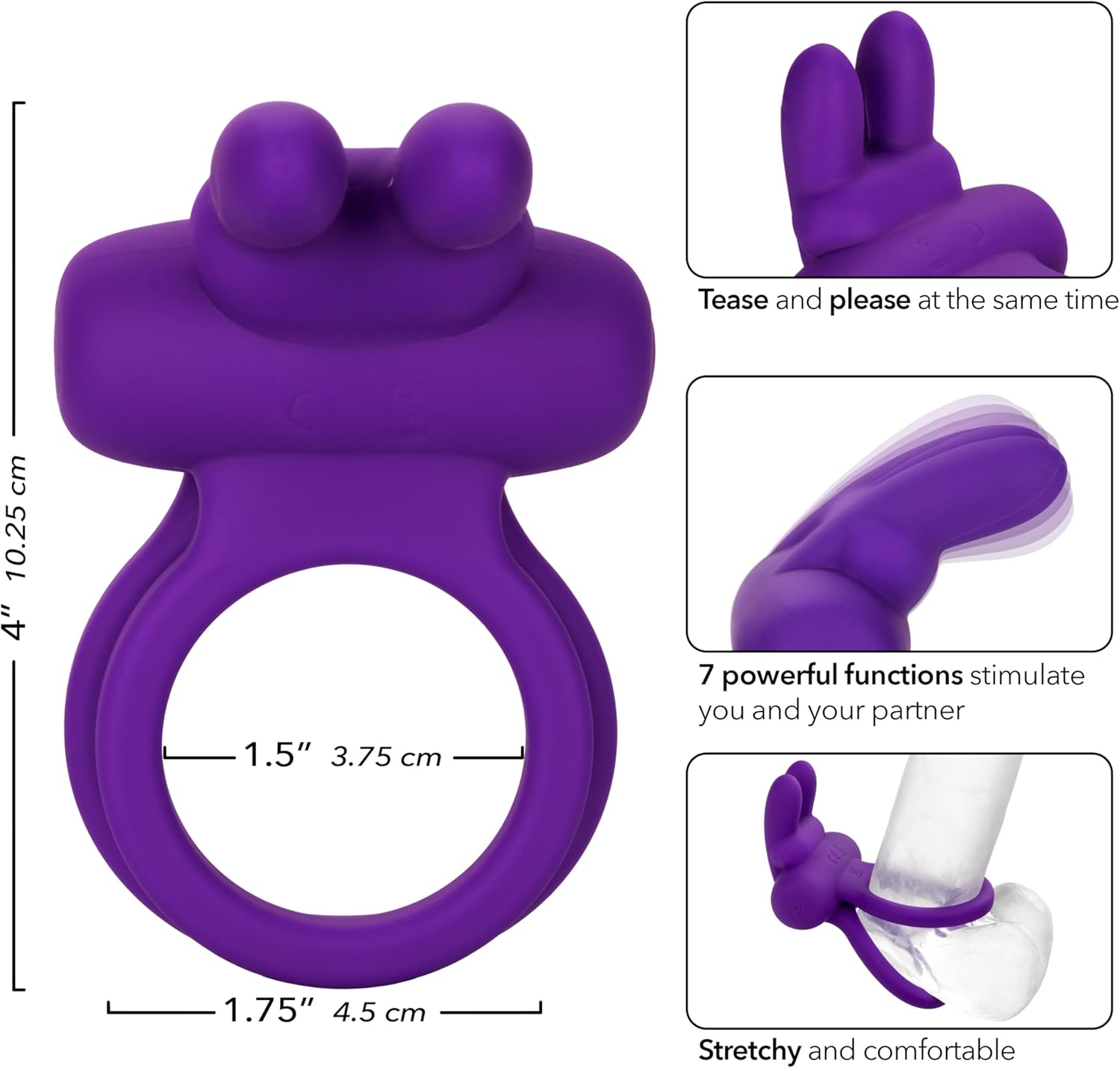 CalExotics Silicone Rechargeable Dual Rockin’ Rabbit Enhancer, Vibrating Cock Ring for Couple Adult Sex Toy Purple SE-1843-20-3 - DragonVitality