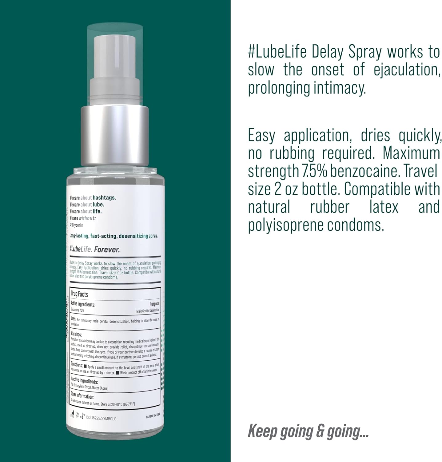 Lube Life Climax Control Delay Spray, Male Genital Desensitizer with Active Ingredient Benzocaine to Keep You Lasting Longer, Stamina-Enhancing, for Men and Couples, 2 Fl Oz - DragonVitality