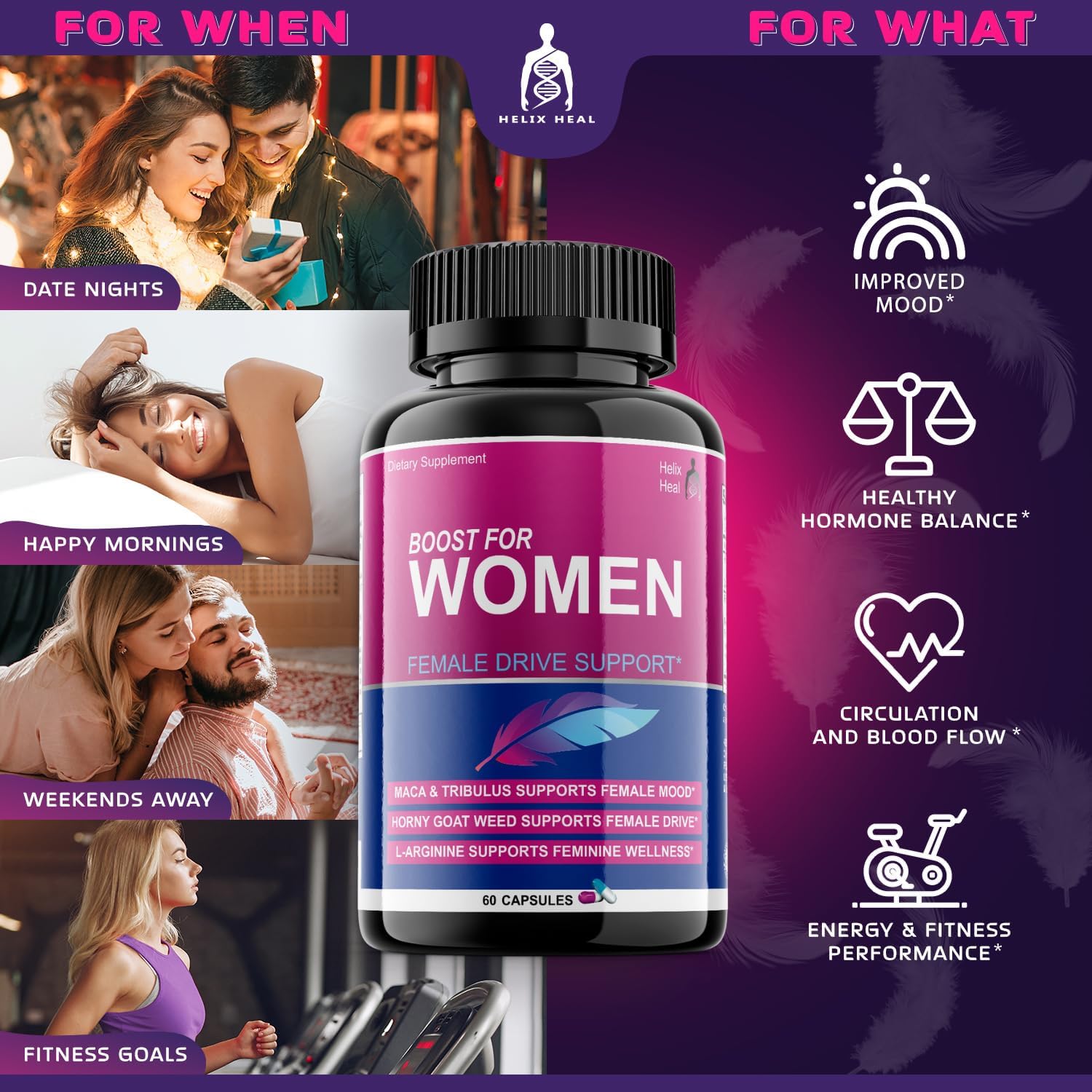 Helix Heal Libido Booster for Women Fast Acting with Horny Goat Weed - Female Desire Pills with Maca Root, Tribulus Terrestris, Ginseng and Hornygoatweed Women - Hormone Balance, Made in USA (60 ct) - DragonVitality