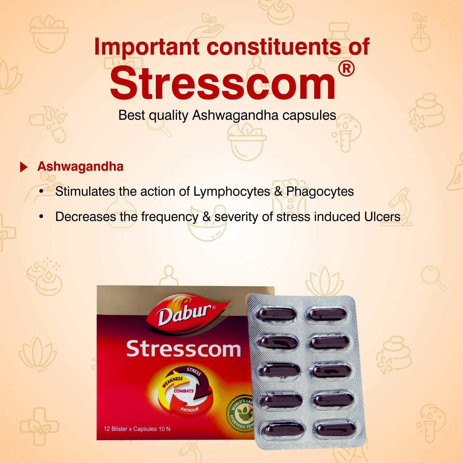 Stresscom Ashwagandha 12 Strips X 10 Capsules- DABUR - DragonVitality