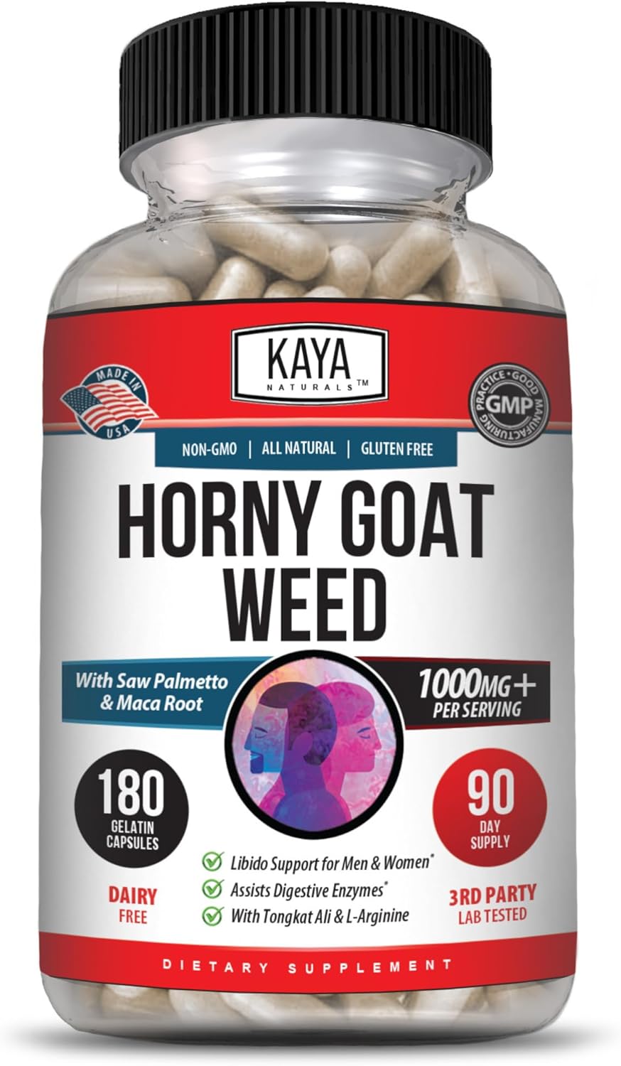 Kaya Naturals Horny Goat Weed Extract with Maca - Complex with Saw Palmetto Ginseng, Arginine Vitamin Supplement - Horny Goat Weed - 60 Count - DragonVitality