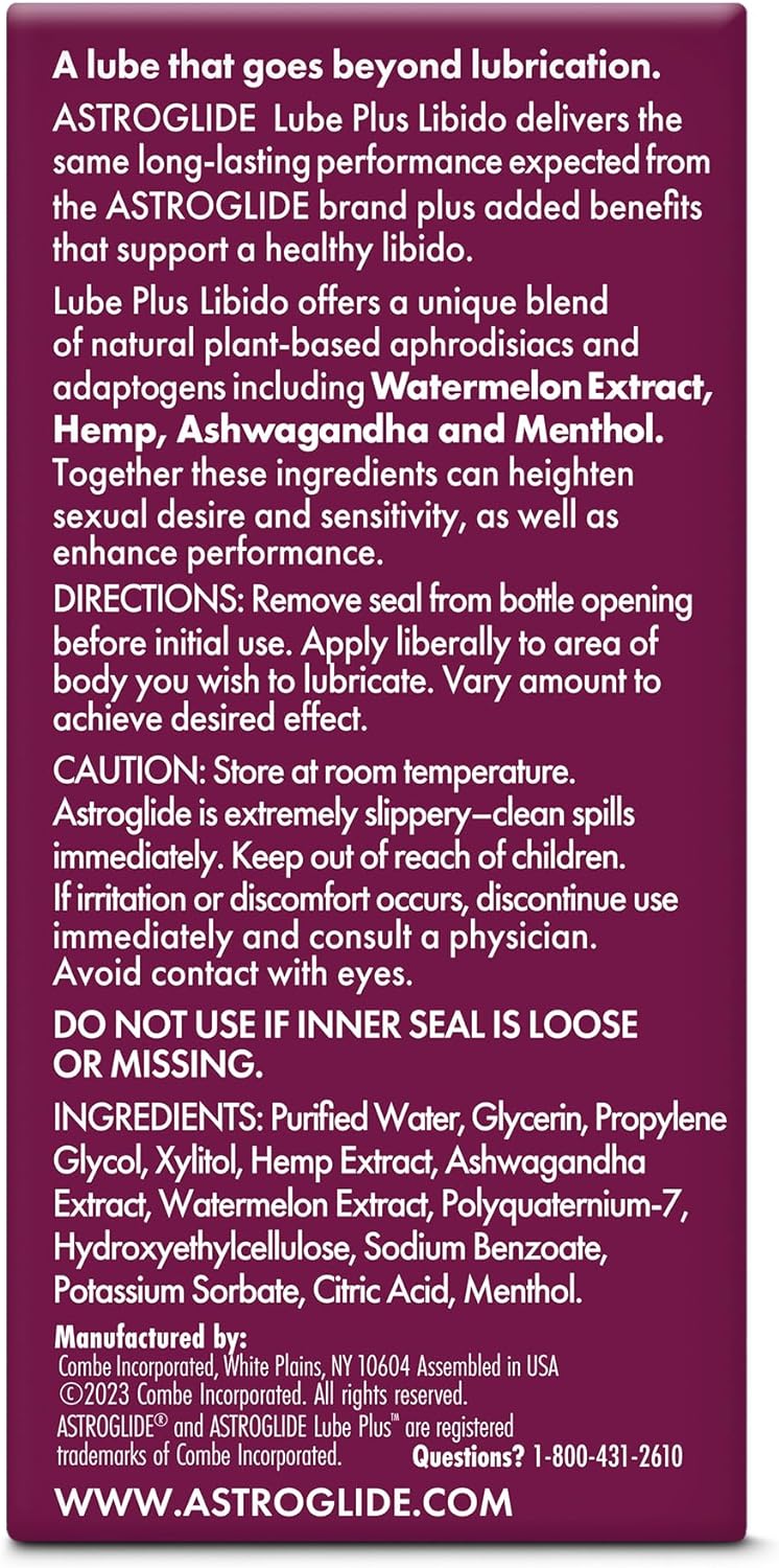Astroglide Lube Plus Libido (2.5oz), Intimate Arousal Lube Heightens Desire and Sensitivity, Water Based Personal Lubricant, Enhances Pleasure for Women, Men, Couples, Travel Size (Packaging May Vary) - DragonVitality