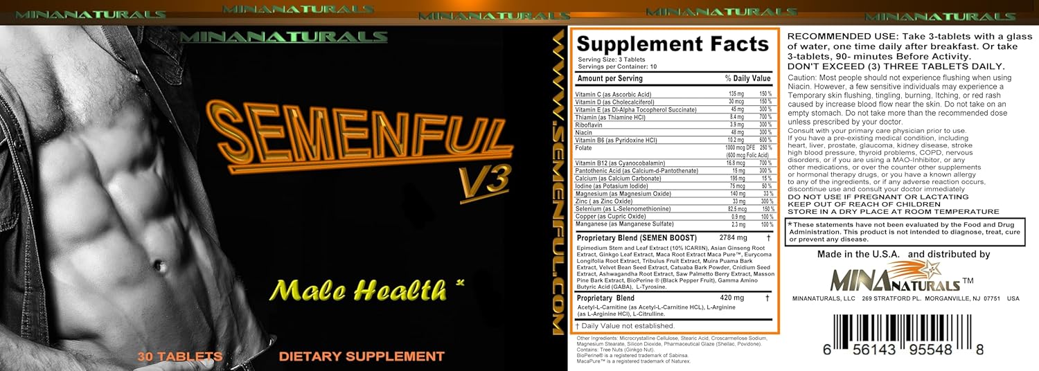 SEMENFUL-V3 Semen Volumizer. Climax Enhancer for Male and Female. Cum Volume Enhancement. Helps Increase Sperm Volume to Achieve Extreme Arousals. 30 Tablets - DragonVitality