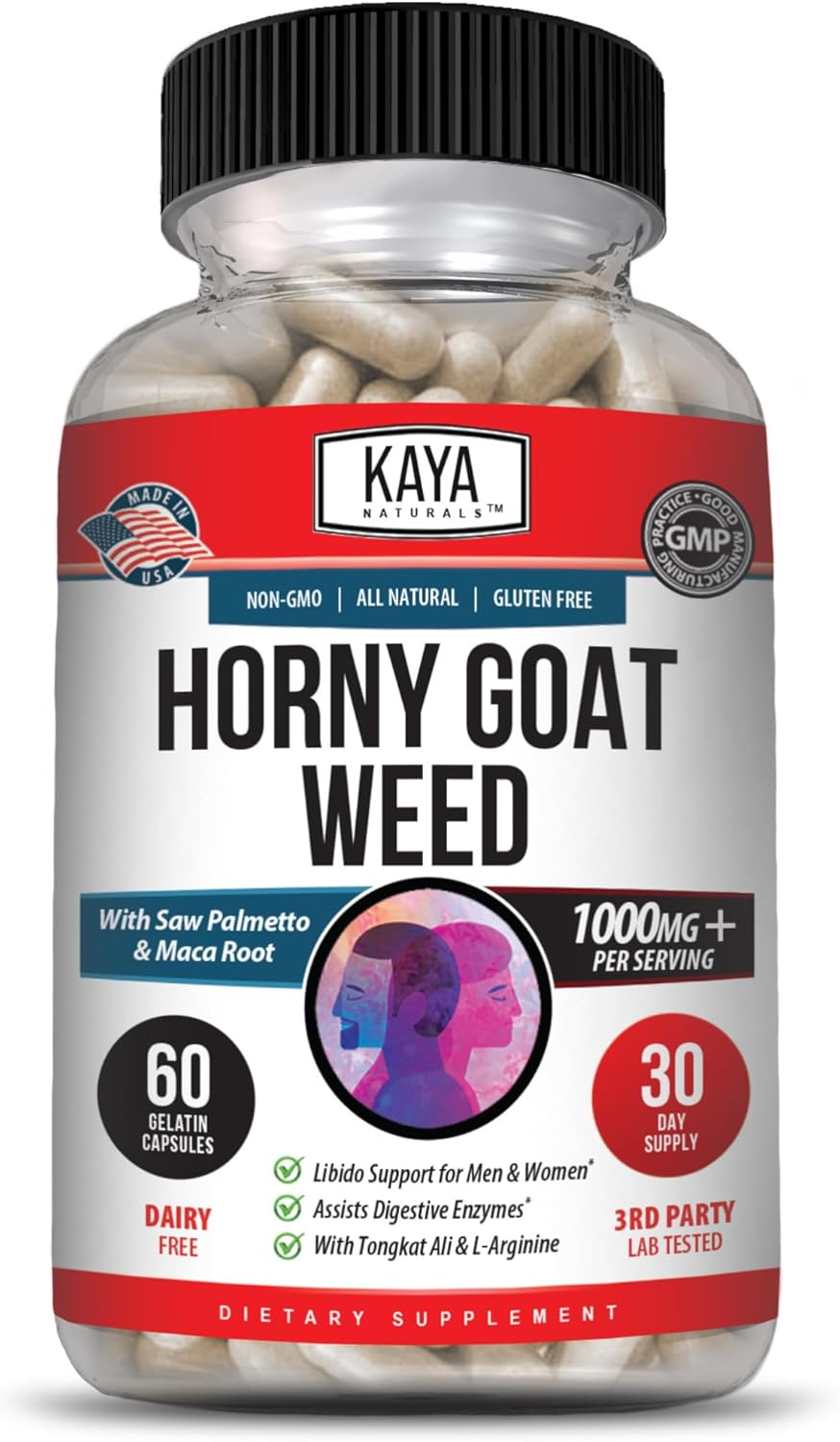 Kaya Naturals Horny Goat Weed Extract with Maca - Complex with Saw Palmetto Ginseng, Arginine Vitamin Supplement - Horny Goat Weed - 60 Count - DragonVitality
