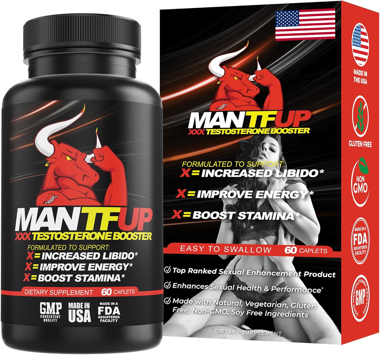 MANTFUP Vitality Enhancer for Men | Fast-Acting Testosterone Booster & Daily Supplement to Support Male Health & Libido | Potenciadores de Testosterona | Made in USA (1 Month Supply, 60 Caplets) - DragonVitality