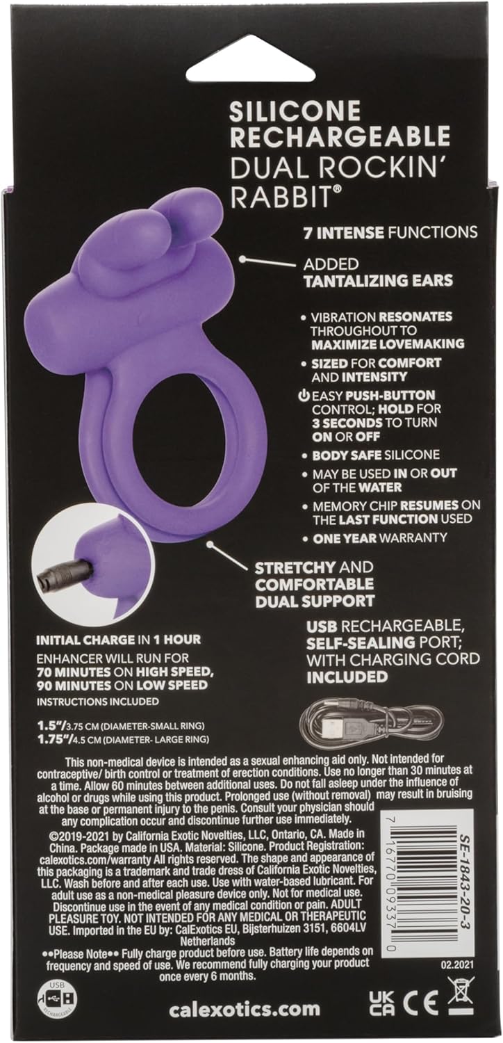 CalExotics Silicone Rechargeable Dual Rockin’ Rabbit Enhancer, Vibrating Cock Ring for Couple Adult Sex Toy Purple SE-1843-20-3 - DragonVitality