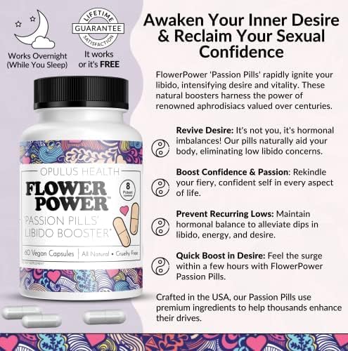 Flower Power 'Passion Pills' Potent Libido Booster for Women | Comprehensive Women's Libido Enhancer | Dynamic Energy Booster for Women - 60 ct Vegan - DragonVitality