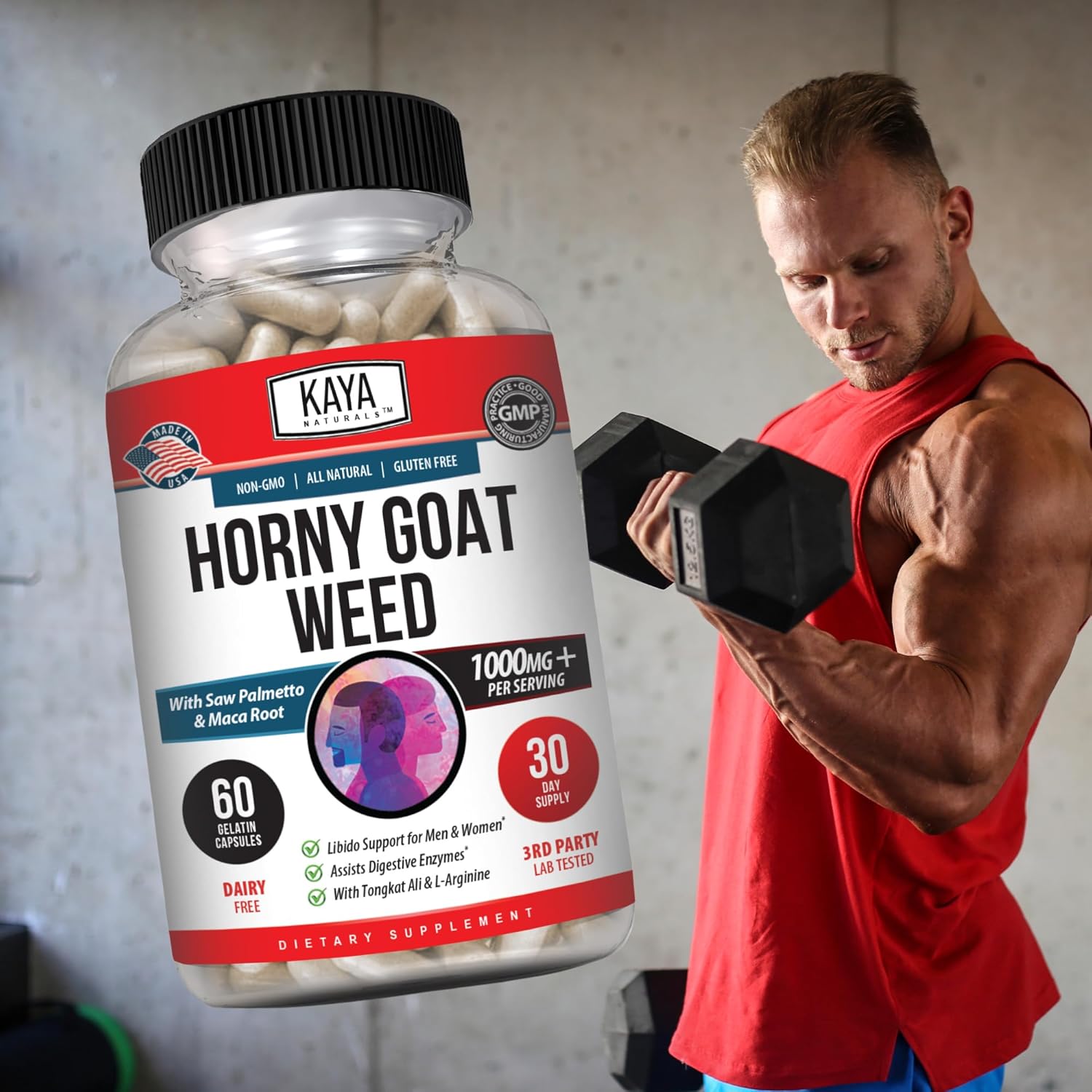 Kaya Naturals Horny Goat Weed Extract with Maca - Complex with Saw Palmetto Ginseng, Arginine Vitamin Supplement - Horny Goat Weed - 60 Count - DragonVitality