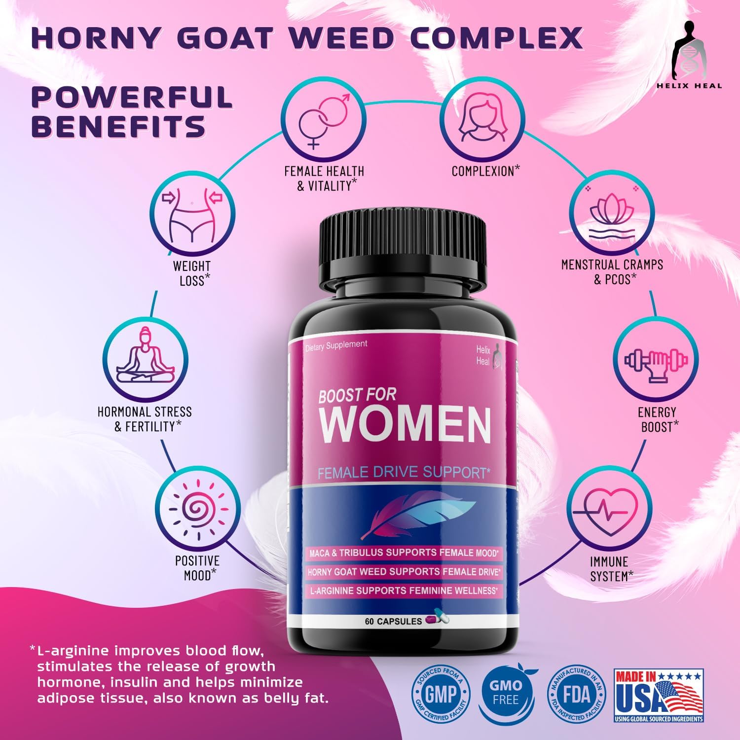 Helix Heal Libido Booster for Women Fast Acting with Horny Goat Weed - Female Desire Pills with Maca Root, Tribulus Terrestris, Ginseng and Hornygoatweed Women - Hormone Balance, Made in USA (60 ct) - DragonVitality