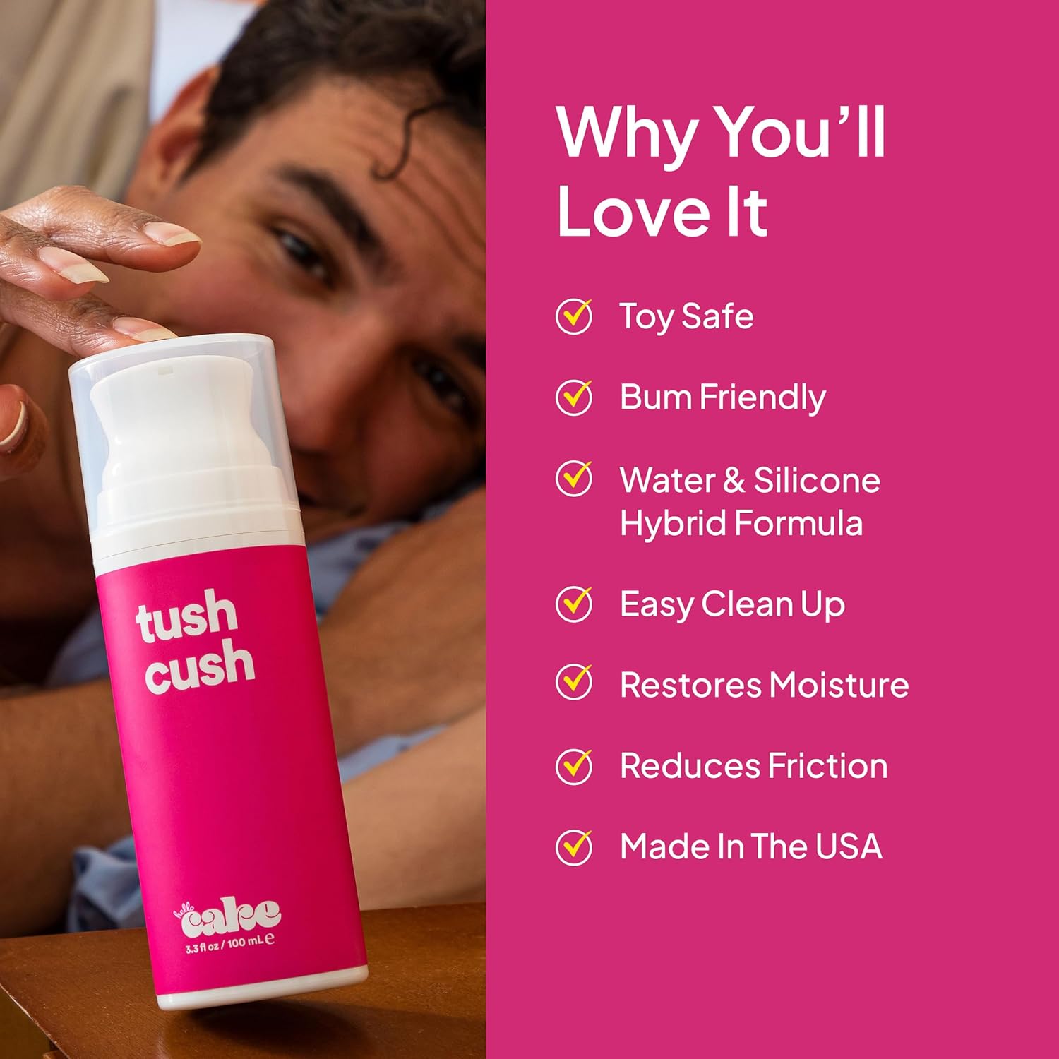 Hello Cake Tush Cush, Silicone and Water-Based Personal Lubricant, Formulated for Anal Use, Hybrid Lube for Men, Women, and Couples, 3.3 fl oz - DragonVitality