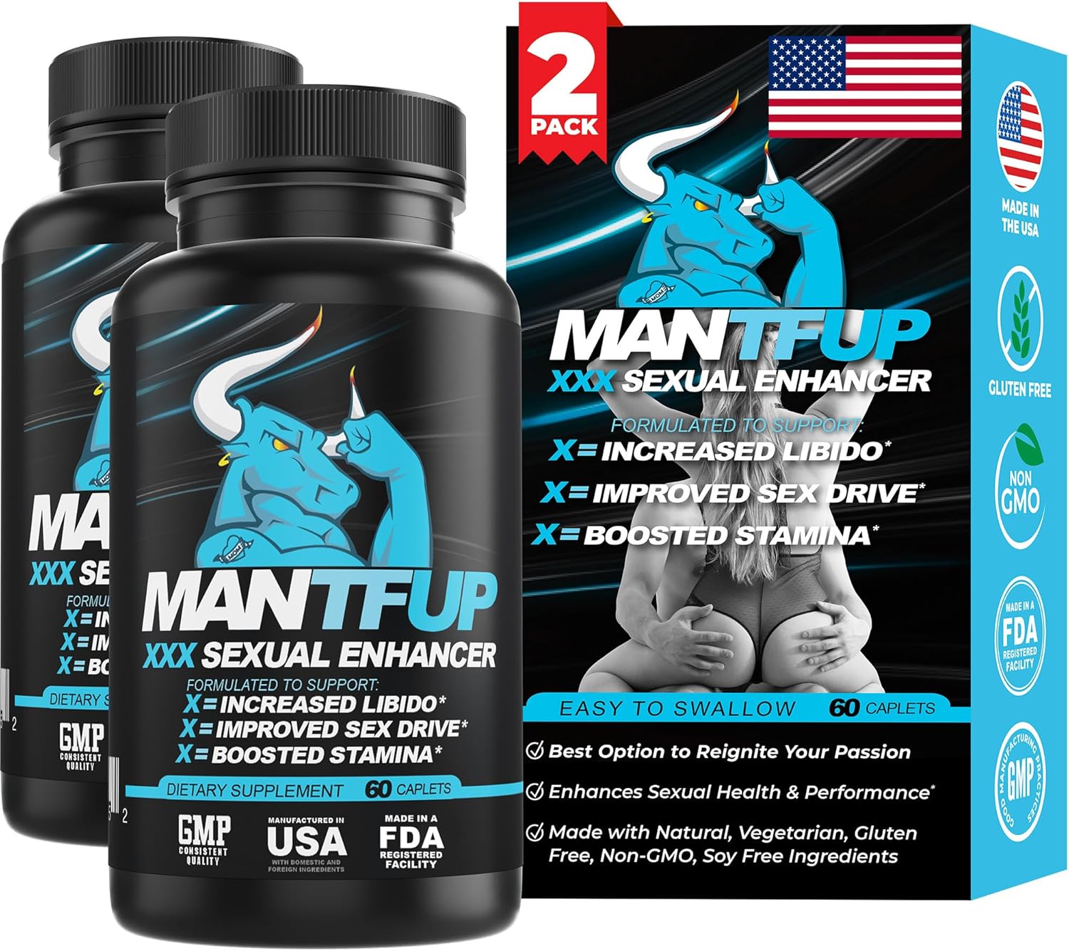 MANTFUP Daily Sexual Enhancer for Men | Boost Libido, Testosterone, Pleasure & Performance, Fast-Acting Enhancement | Potenciadores de Testosterona (120 Count (Pack of 2)) - DragonVitality