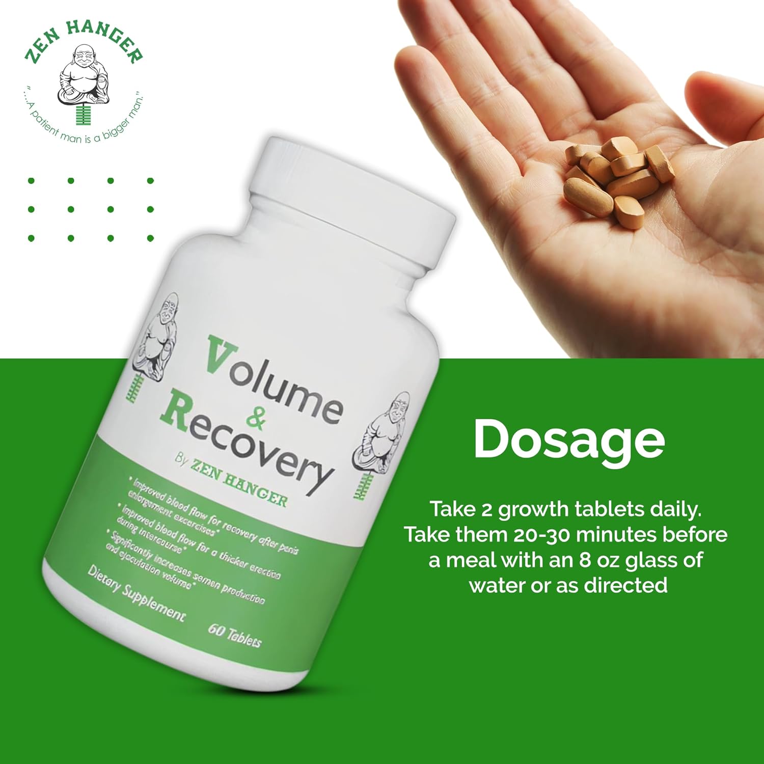 Zen Hanger Male Size Enhancement Pills (60 Count/Bottle, 2 Bottles) - Mens Supplement for Volume & Recovery After Enlargement Exercises - Penis Girth & Enlargement Pills - DragonVitality