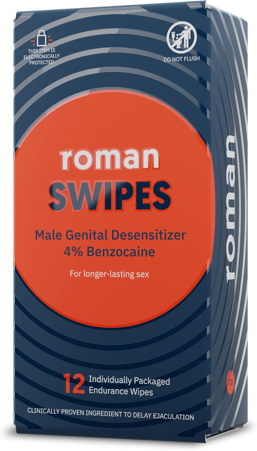ROMAN Swipes | Fast-Acting, Convenient, Over-The-Counter Wipes Increase Stamina, Formulated with 4% Benzocaine, Features Discreet Packaging | 12-Pack - DragonVitality