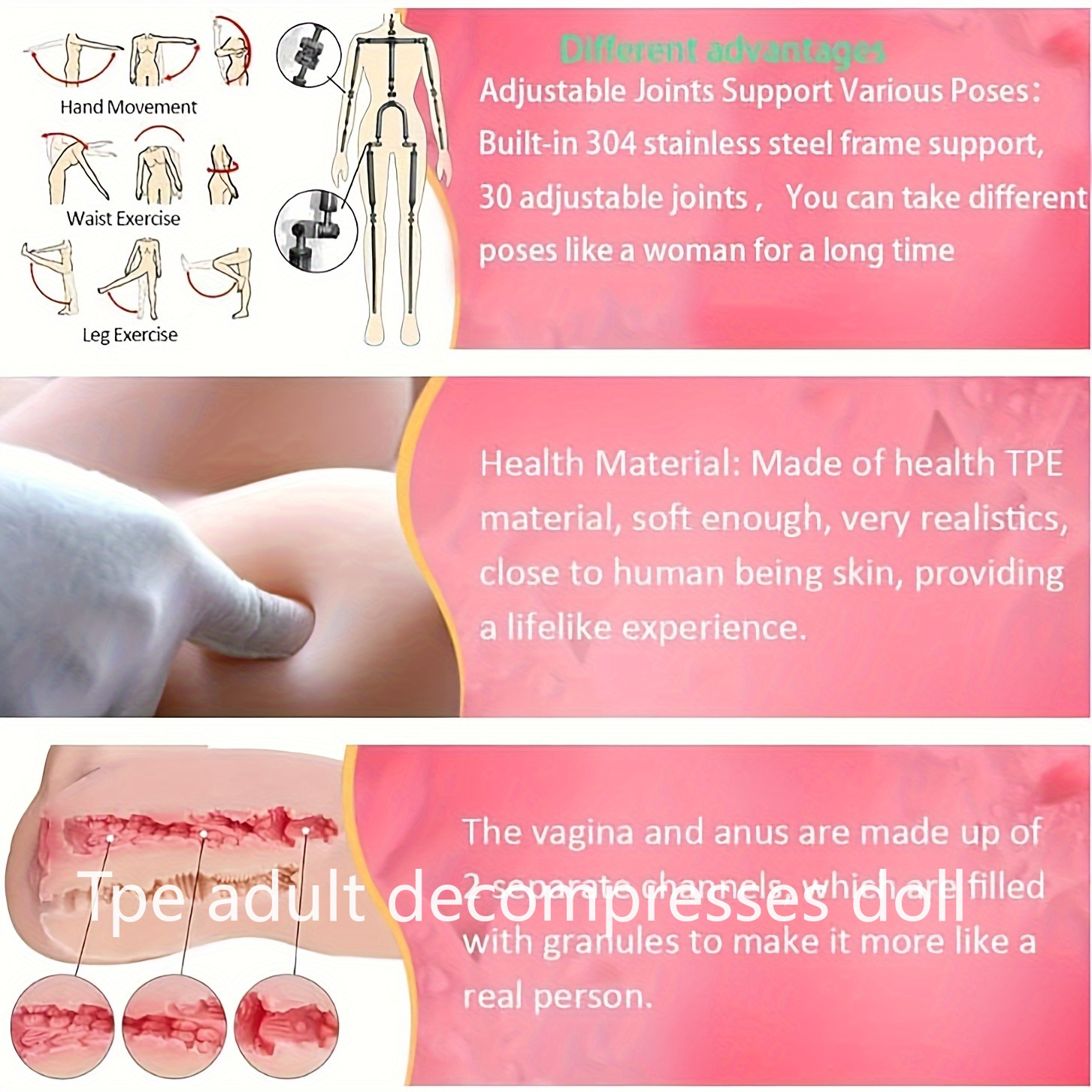 1pc Realistic TPE 3-In-1 Adult Decompress Doll, 55.12inch, Skeleton Included, Vaginal & Anal Passages, No Battery Required, Lifelike Sex Toy for Men - DragonVitality