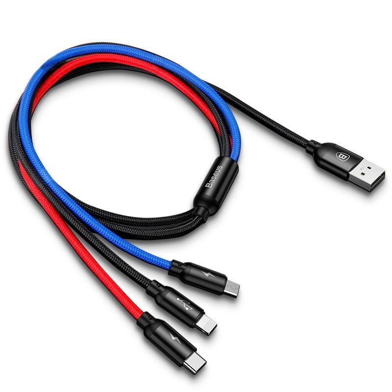 Baseus 3-in-1 USB Charger Cable for iPhone, Micro USB & Type C Devices