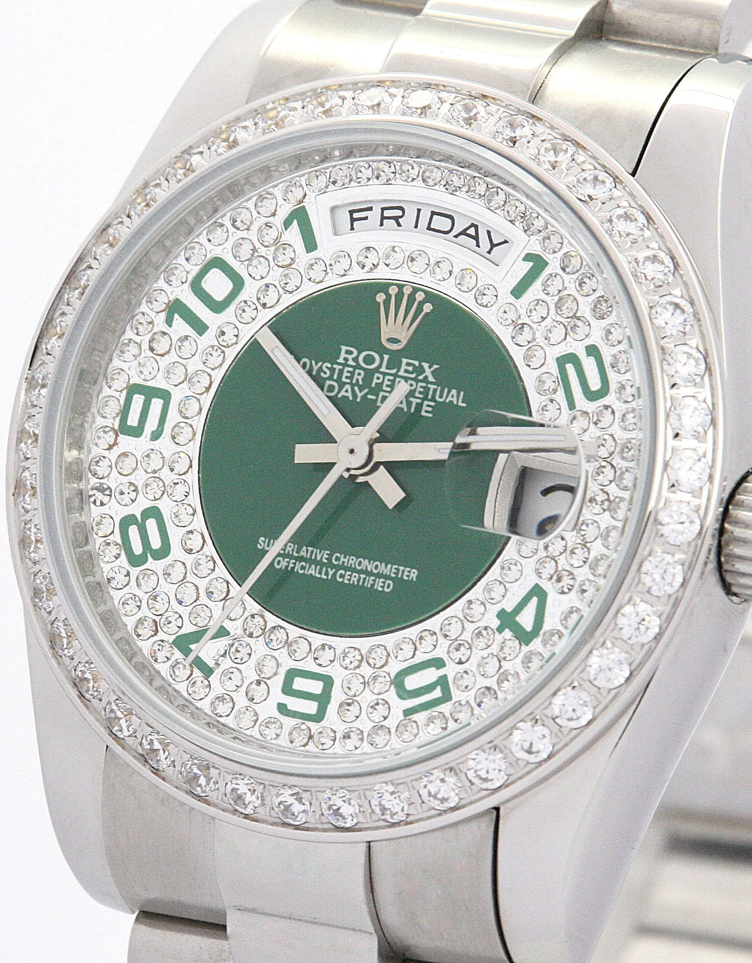 Rolex Day-Date 36mm Green and Silver with Diamonds Dial 118346