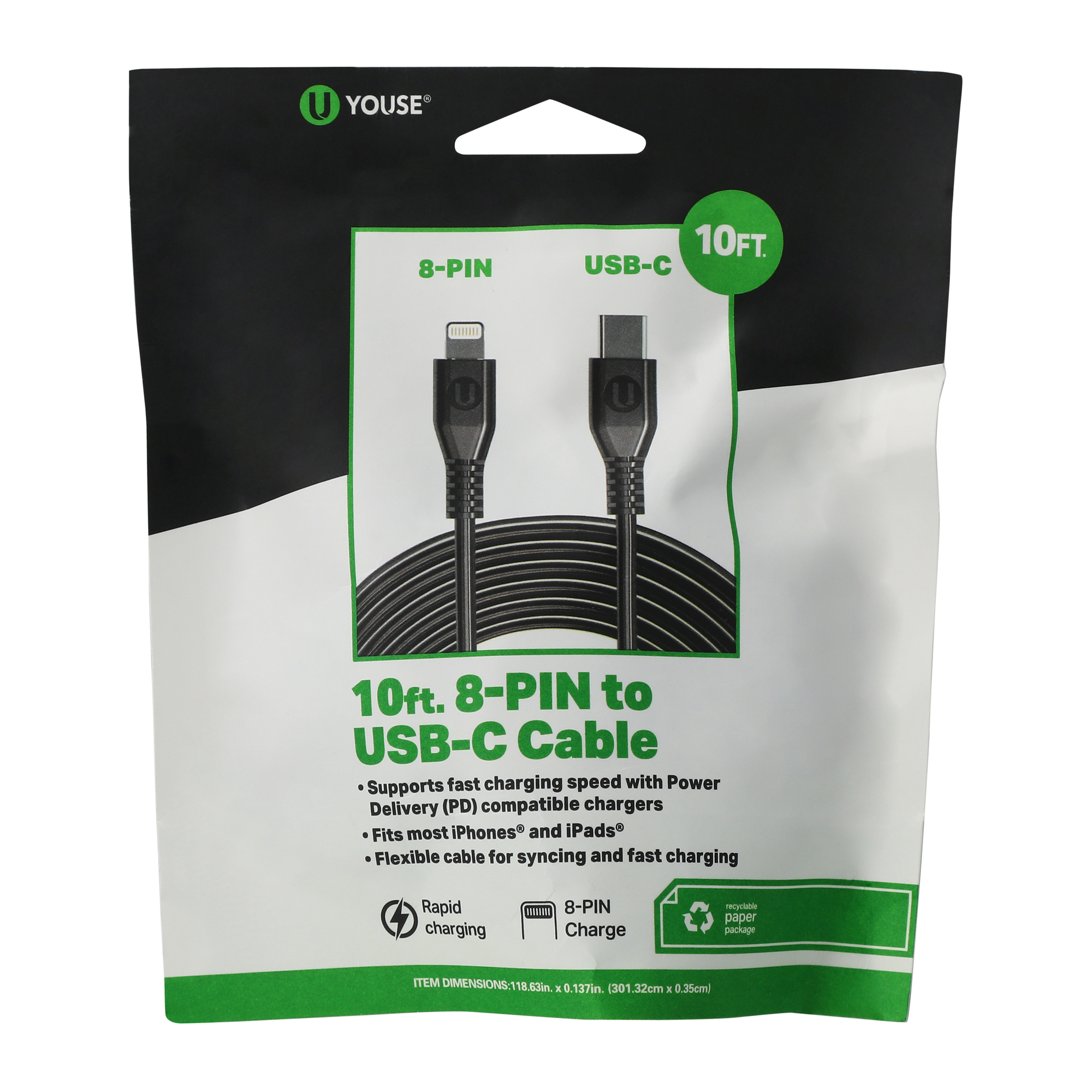 10ft USB-C to 8-pin charging cable