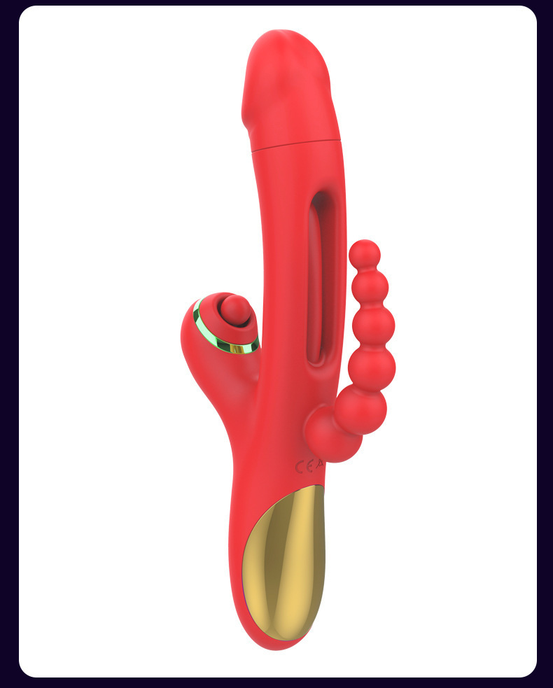 V-shaped suction vibrating dildo with anal beads included.