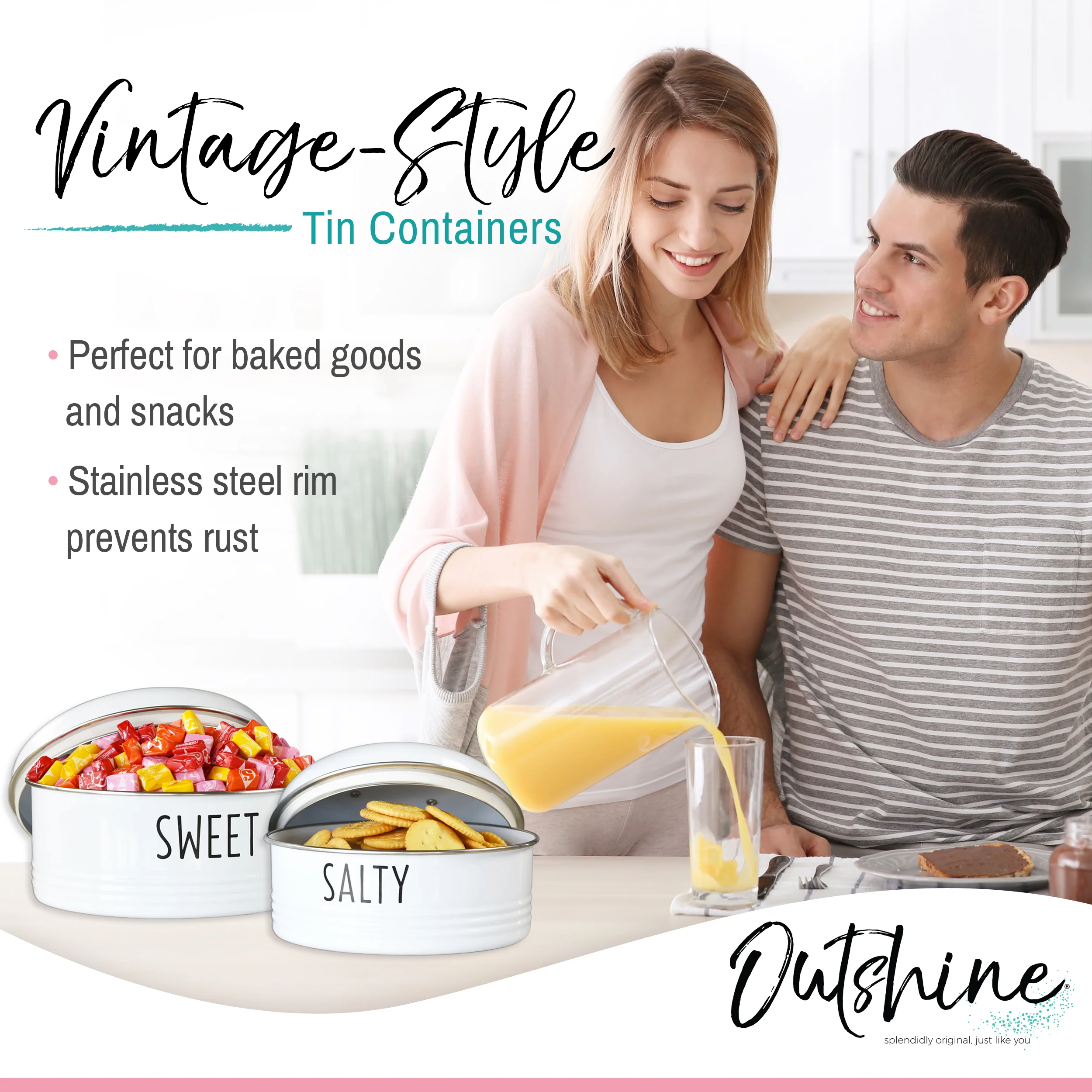 Outshine Farmhouse Round Tin Snack Containers with Lids - Set of 2