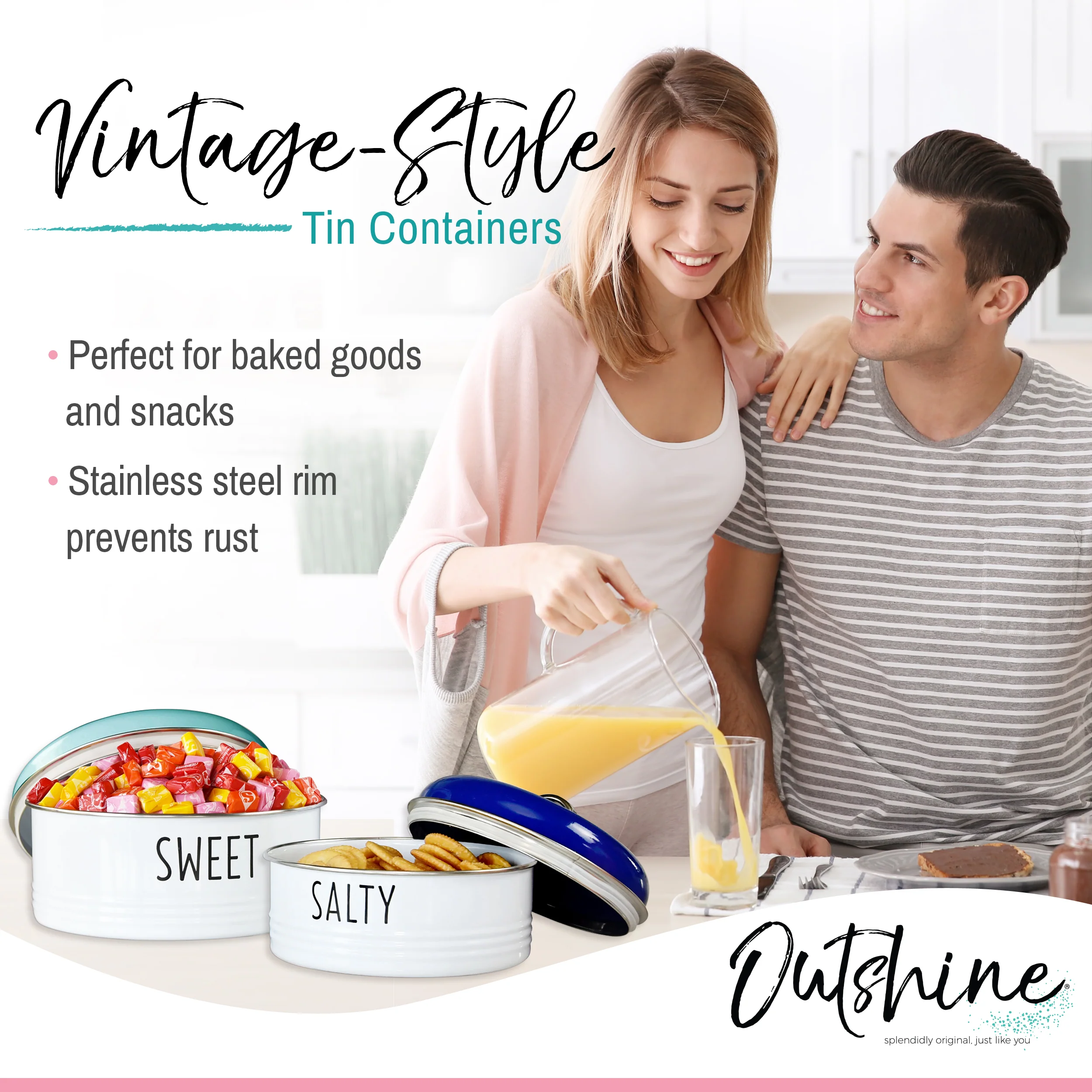 Outshine Farmhouse Round Tin Snack Containers with Lids - Set of 2