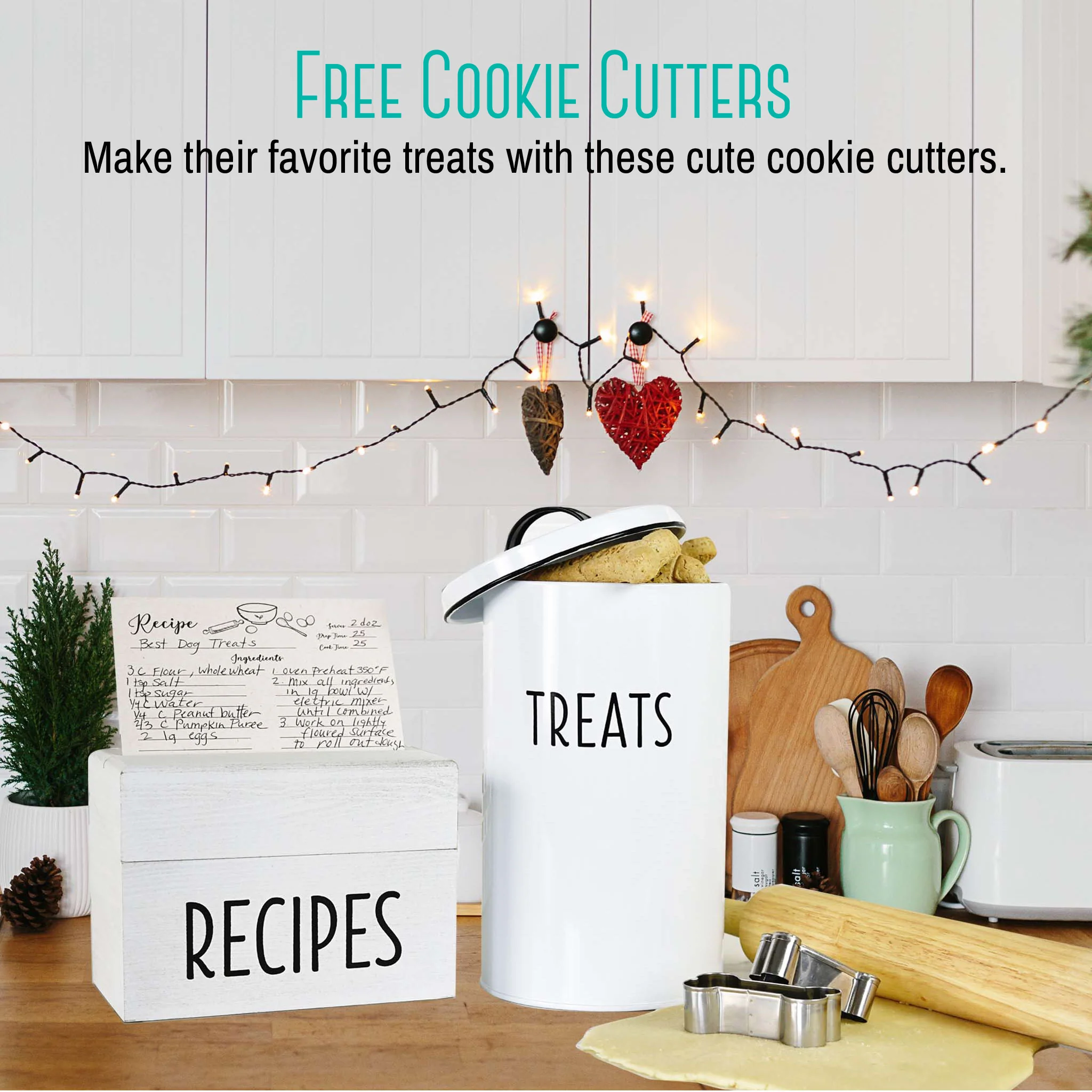 OUTSHINE White Dog Treat Container Airtight with 2 Dog Bone Cookie Cutters | Cute Pet Food Container with Lid | Durable Metal Dog Food Storage Container | Ideal Gift for Dog and Cat Owners