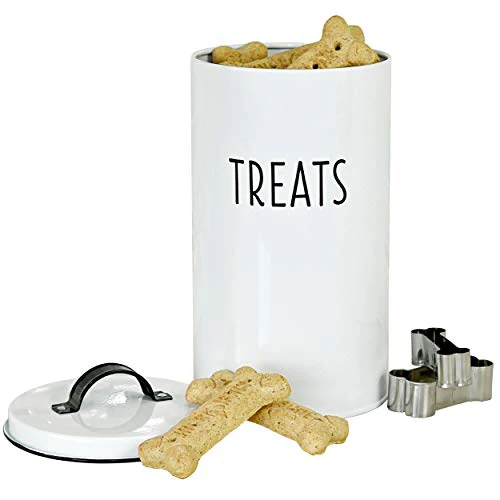 OUTSHINE White Dog Treat Container Airtight with 2 Dog Bone Cookie Cutters | Cute Pet Food Container with Lid | Durable Metal Dog Food Storage Container | Ideal Gift for Dog and Cat Owners