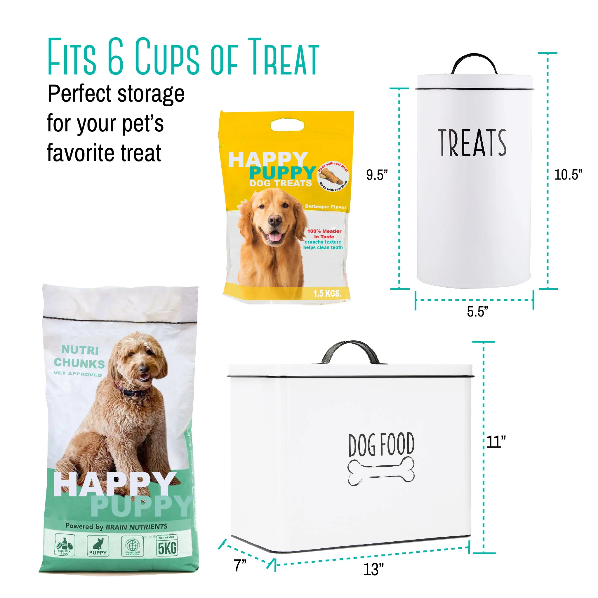 OUTSHINE White Dog Treat Container Airtight with 2 Dog Bone Cookie Cutters | Cute Pet Food Container with Lid | Durable Metal Dog Food Storage Container | Ideal Gift for Dog and Cat Owners