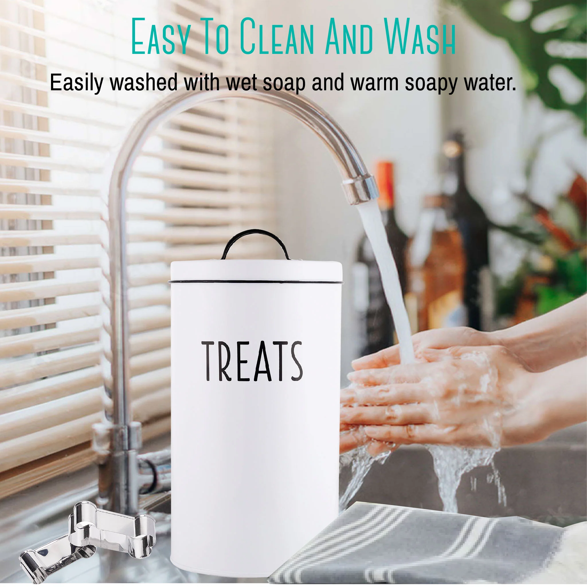 OUTSHINE White Dog Treat Container Airtight with 2 Dog Bone Cookie Cutters | Cute Pet Food Container with Lid | Durable Metal Dog Food Storage Container | Ideal Gift for Dog and Cat Owners