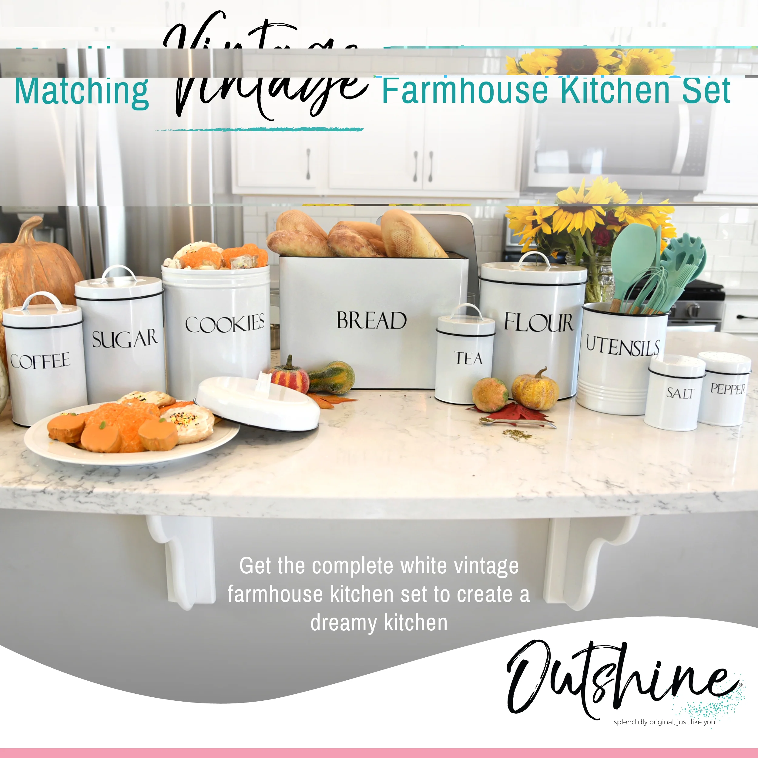 OUTSHINE Kitchen Canisters for Countertop Set of 4 | Farmhouse Canister Sets for Kitchen Counter White | Flour Sugar Coffee Canister Farmhouse Kitchen Decor | Vintage Style Large Storage Containers