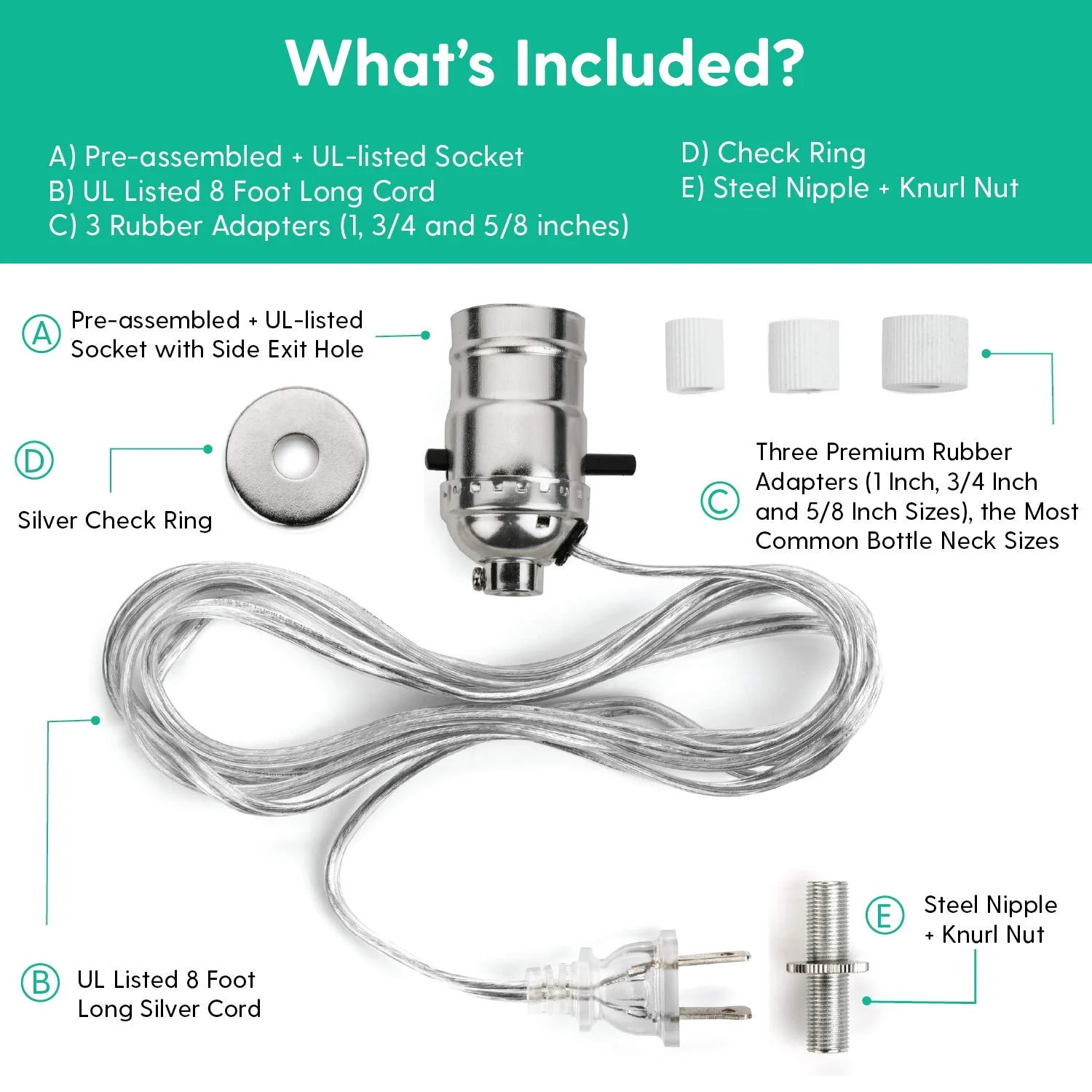 DIY Bottle Lamp Kit (Silver Socket & 8FT Silver Cord)