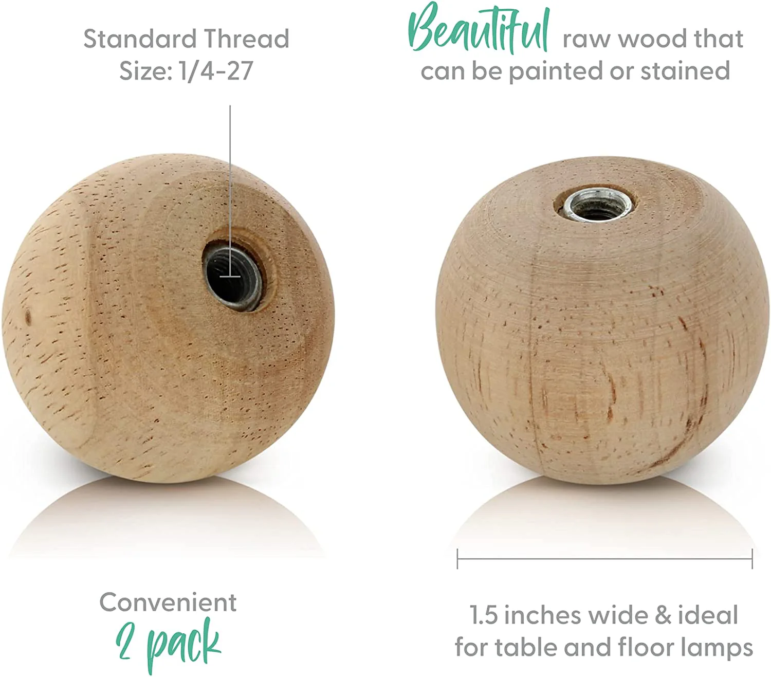 Lamp Finials 2-Pack (Wood Ball, 1-3/8 Tall)